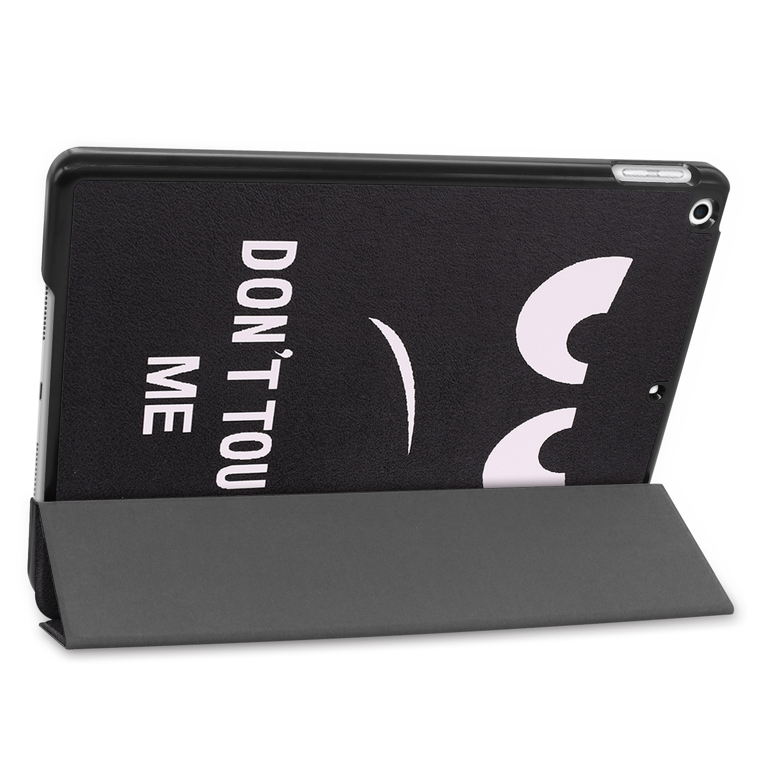 Tablethülle mit Gesicht, mit der Aufschrift 'DON'T TOUCH ME', Hülle offen.