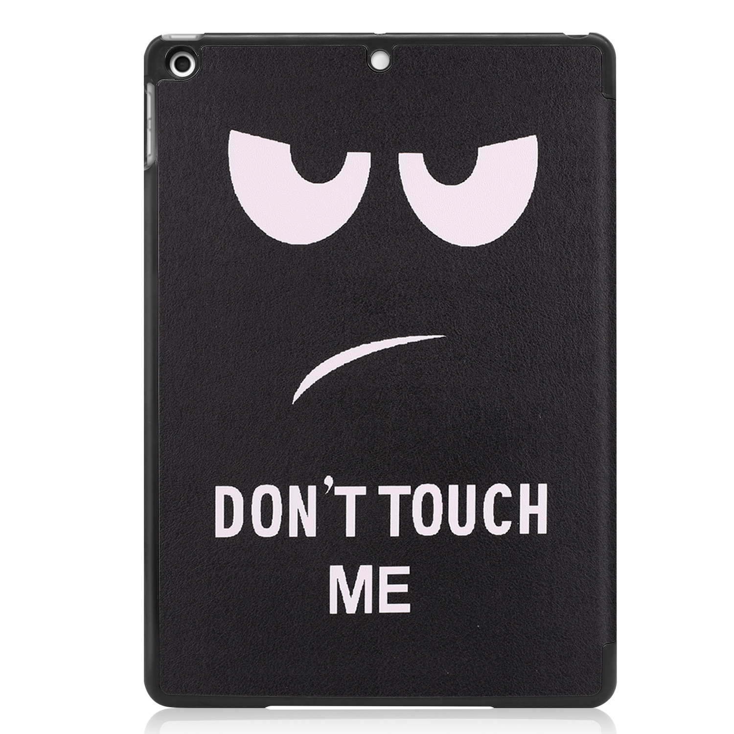 Schwarze Tablet-Hülle mit einem Gesicht, das sagt: BERÜHRE MICH NICHT. Das Gesicht ist weiß.