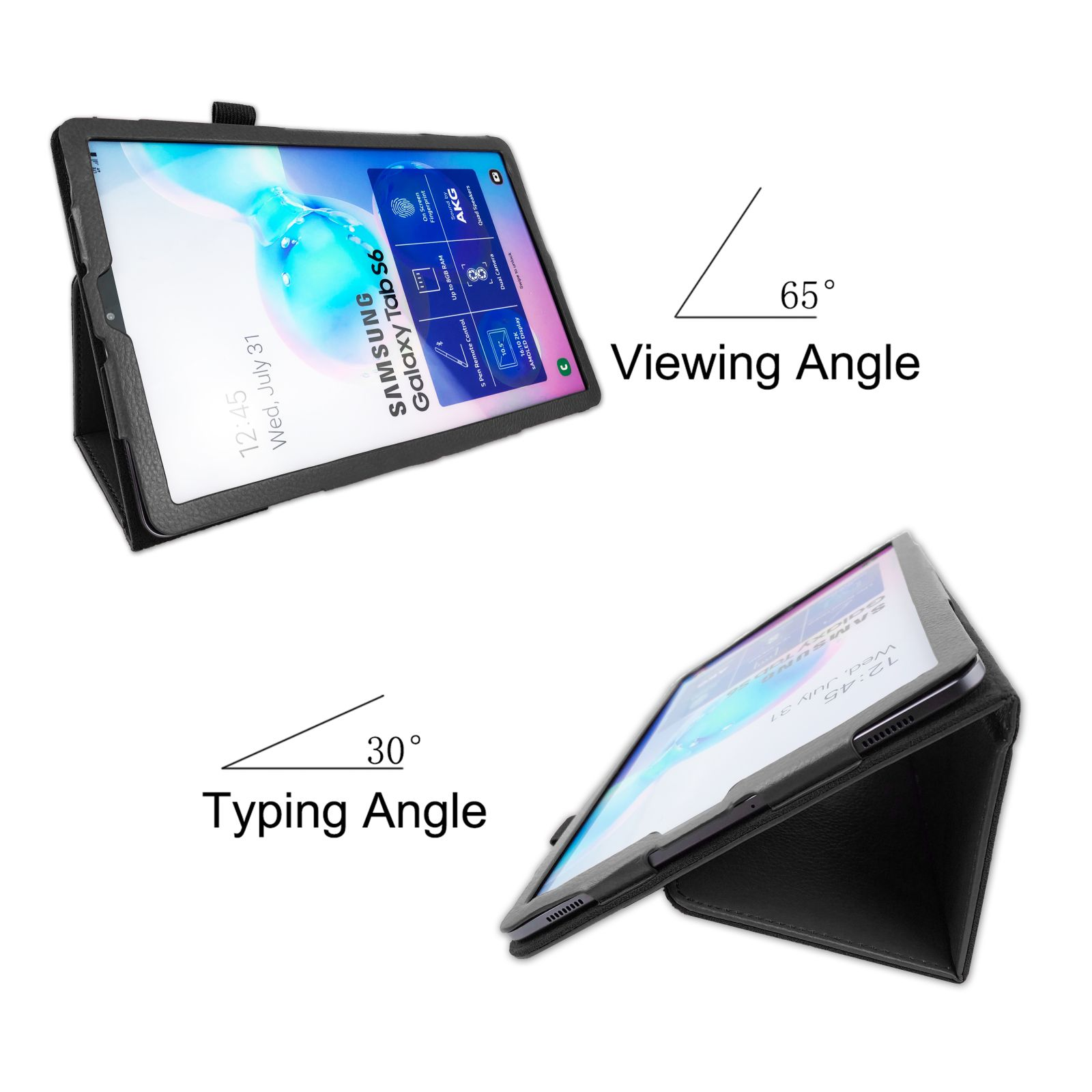 Tablet in Hülle, zwei Ansichten. Betrachtungswinkel 65°, Tippwinkel 30°. Zeigt: Samsung Galaxy Tab S6.