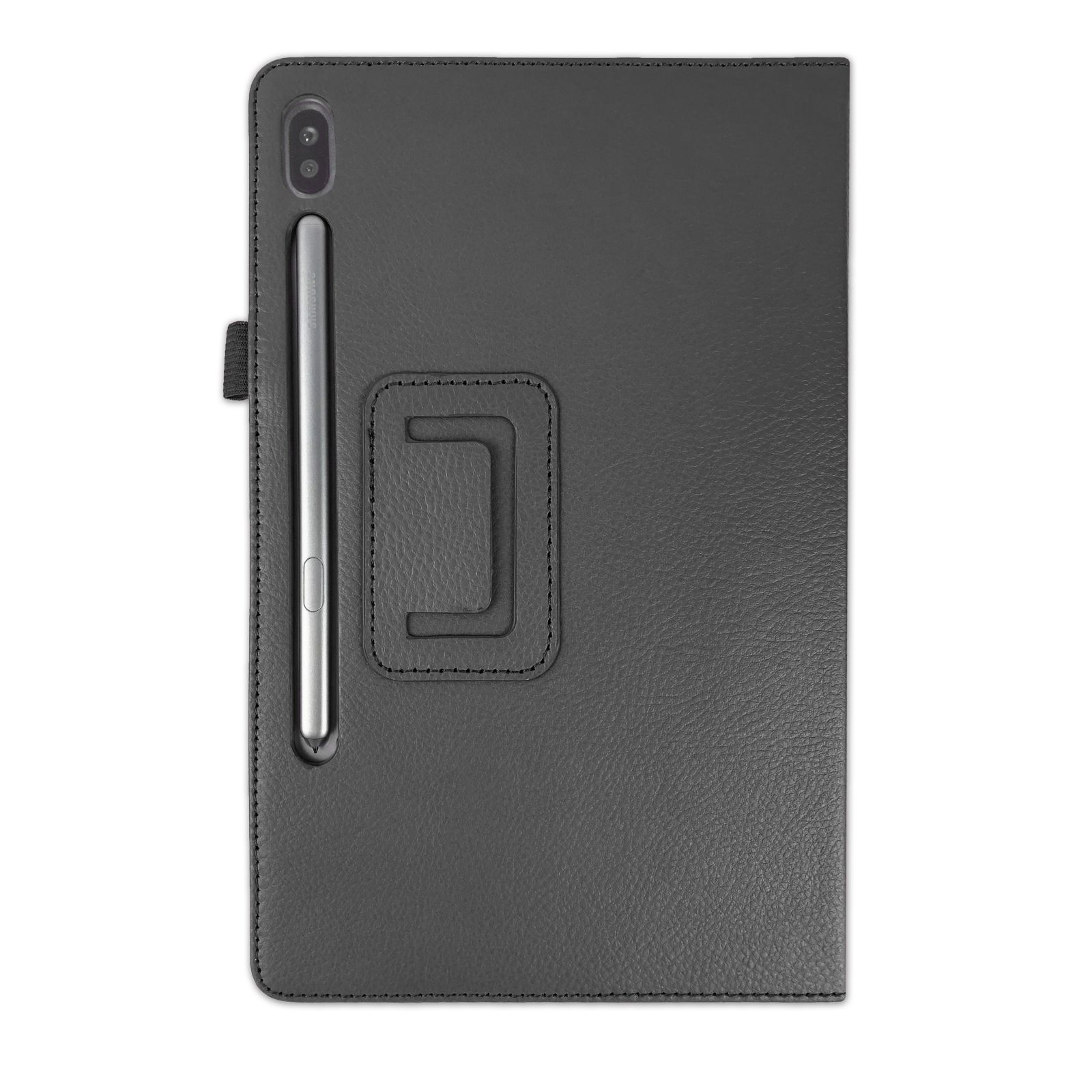 Schwarze Tablet-Hülle mit Stylus-Stift. Die Hülle ist geschlossen.