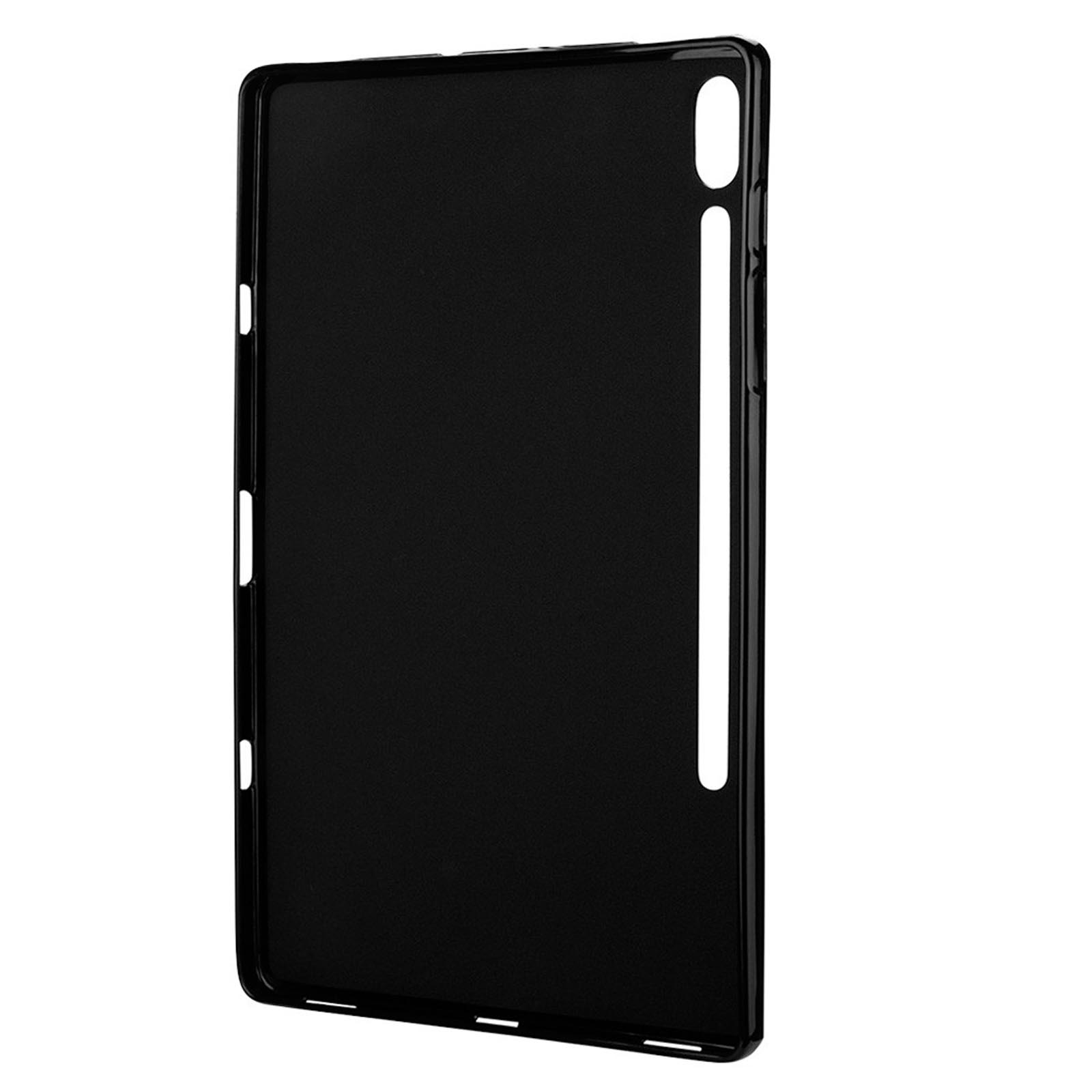Schwarze Tablethülle mit Aussparungen für Tasten und Stift. Klares, minimalistisches Design.