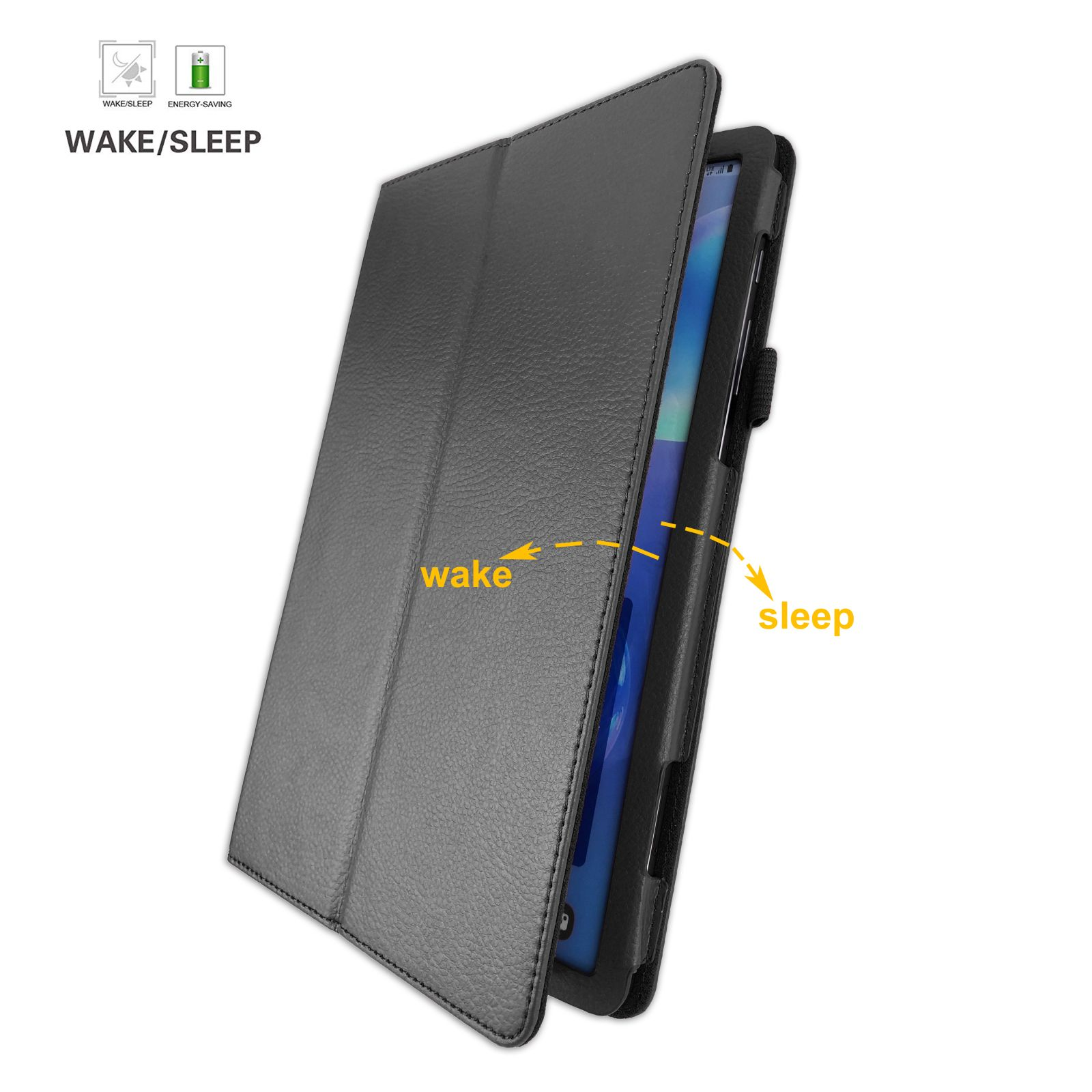 Schwarze Tablet-Hülle, geöffnet, um das Tablet zu zeigen. Text zeigt 'wake' und 'sleep'.