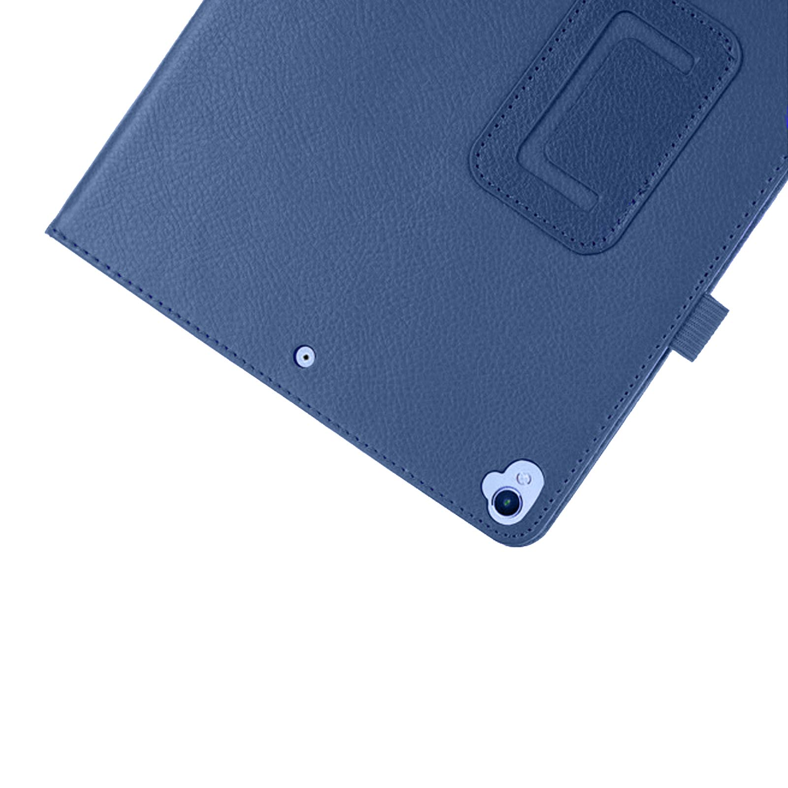 Tablet-Hülle aus blauem Leder. Zeigt die obere Ecke mit Kamera und rechteckiger Klappe.