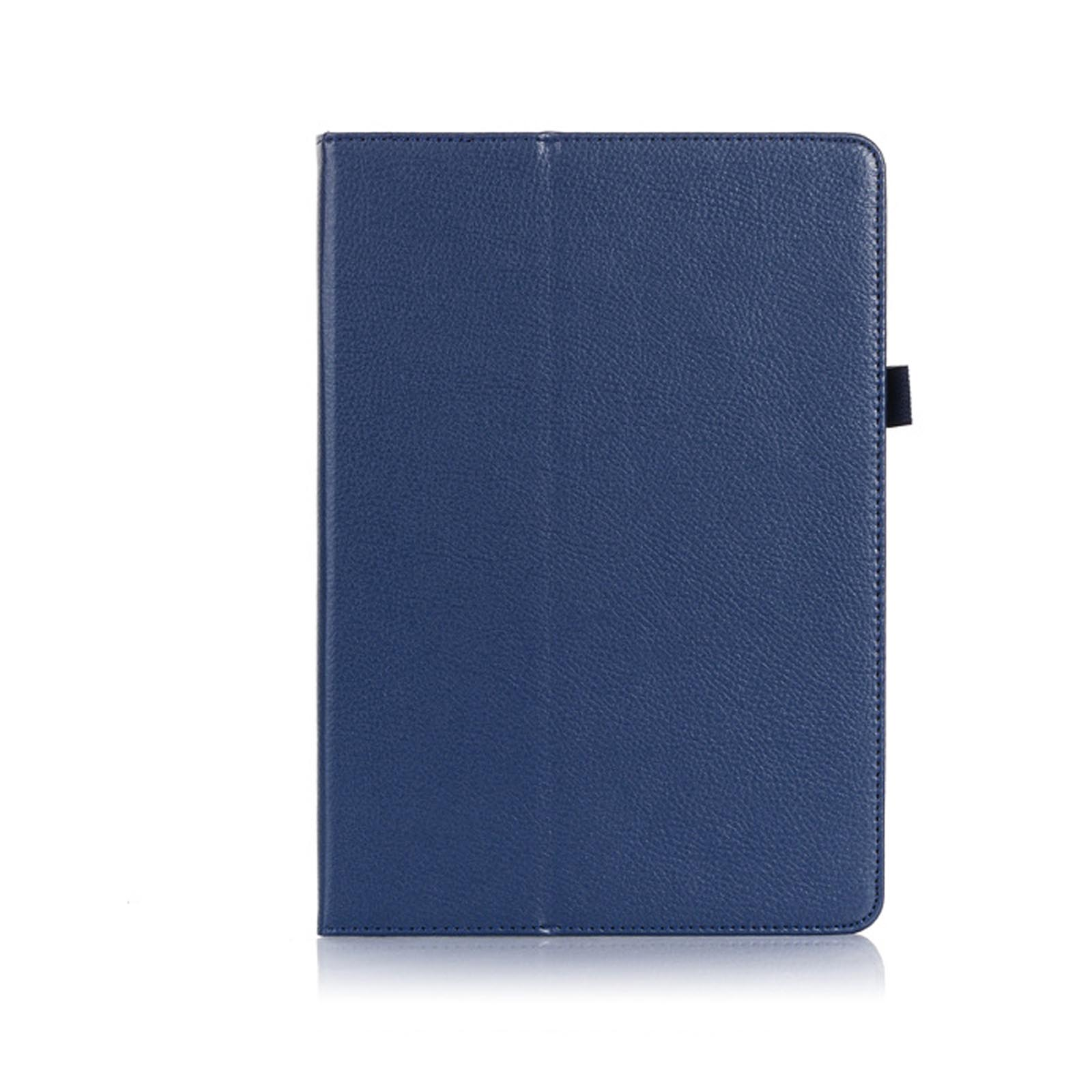 Eine geschlossene blaue Tablet-Hülle. Die Abdeckung ist einfarbig blau mit glatter Textur.