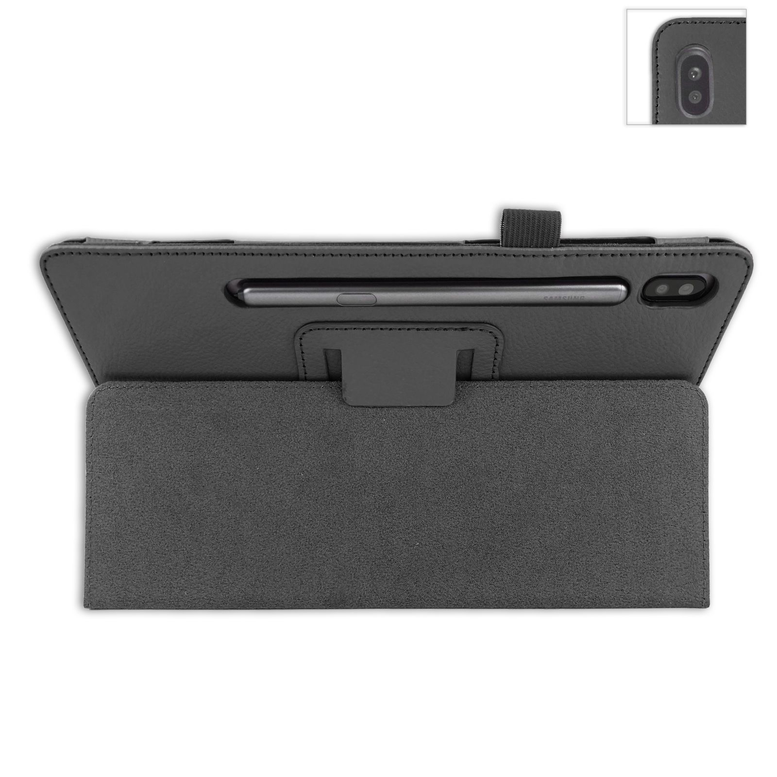 Eine schwarze Tablet-Hülle ist geöffnet und verfügt über einen Stifthalter und Kartenfächer, die Rückkamera ist sichtbar.