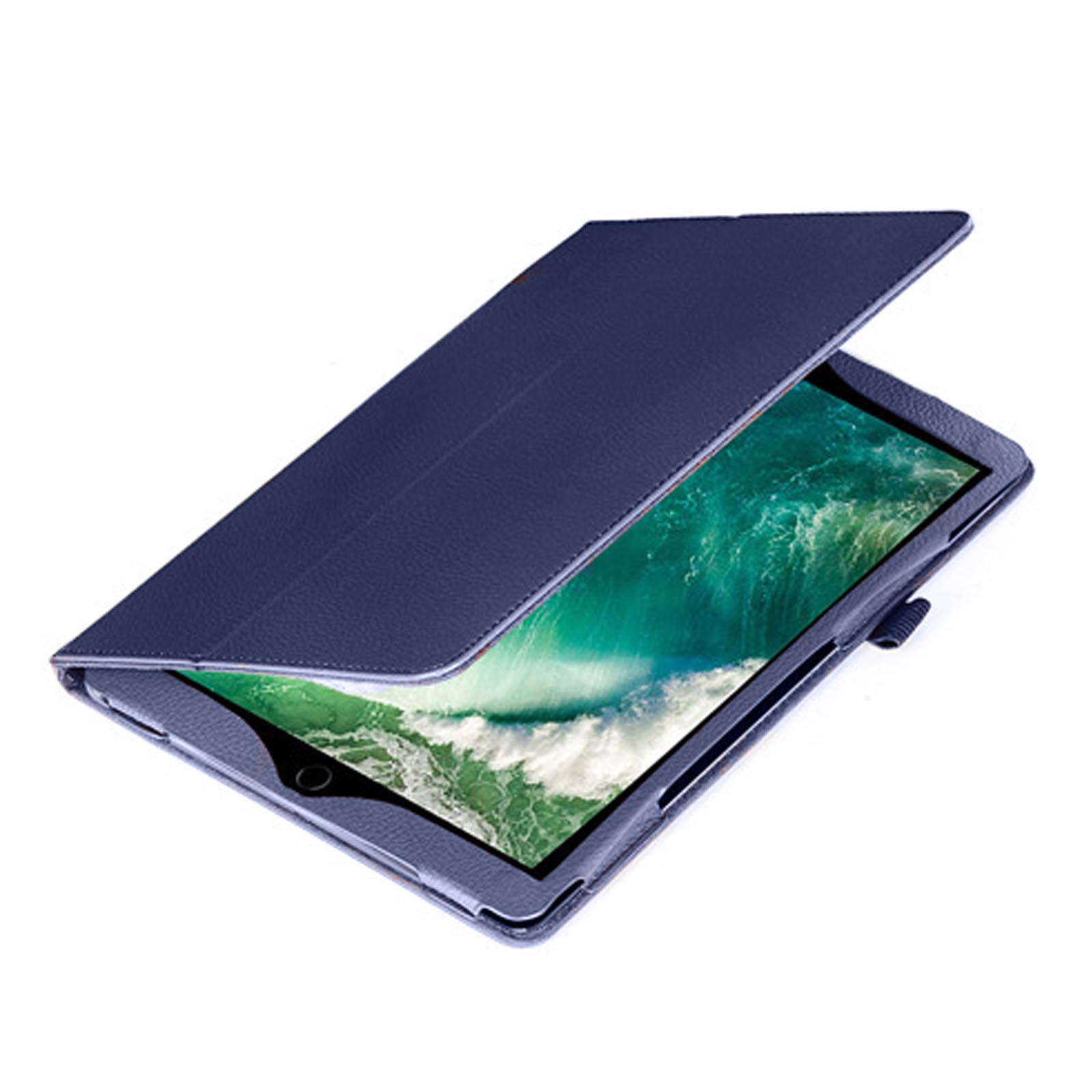 Blaue Tablethülle. Der Deckel ist geöffnet, das Tablet ist sichtbar. Weißer Hintergrund.