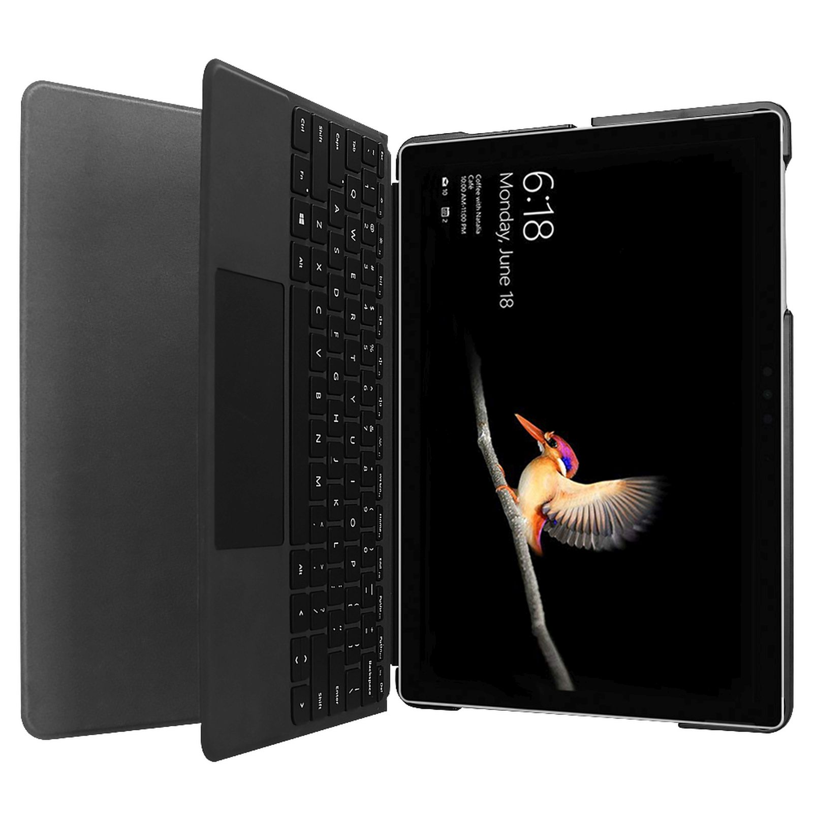 Tablet mit Tastaturhülle, schwarz. Tablet-Bildschirm zeigt Uhr- und Kalender-App.