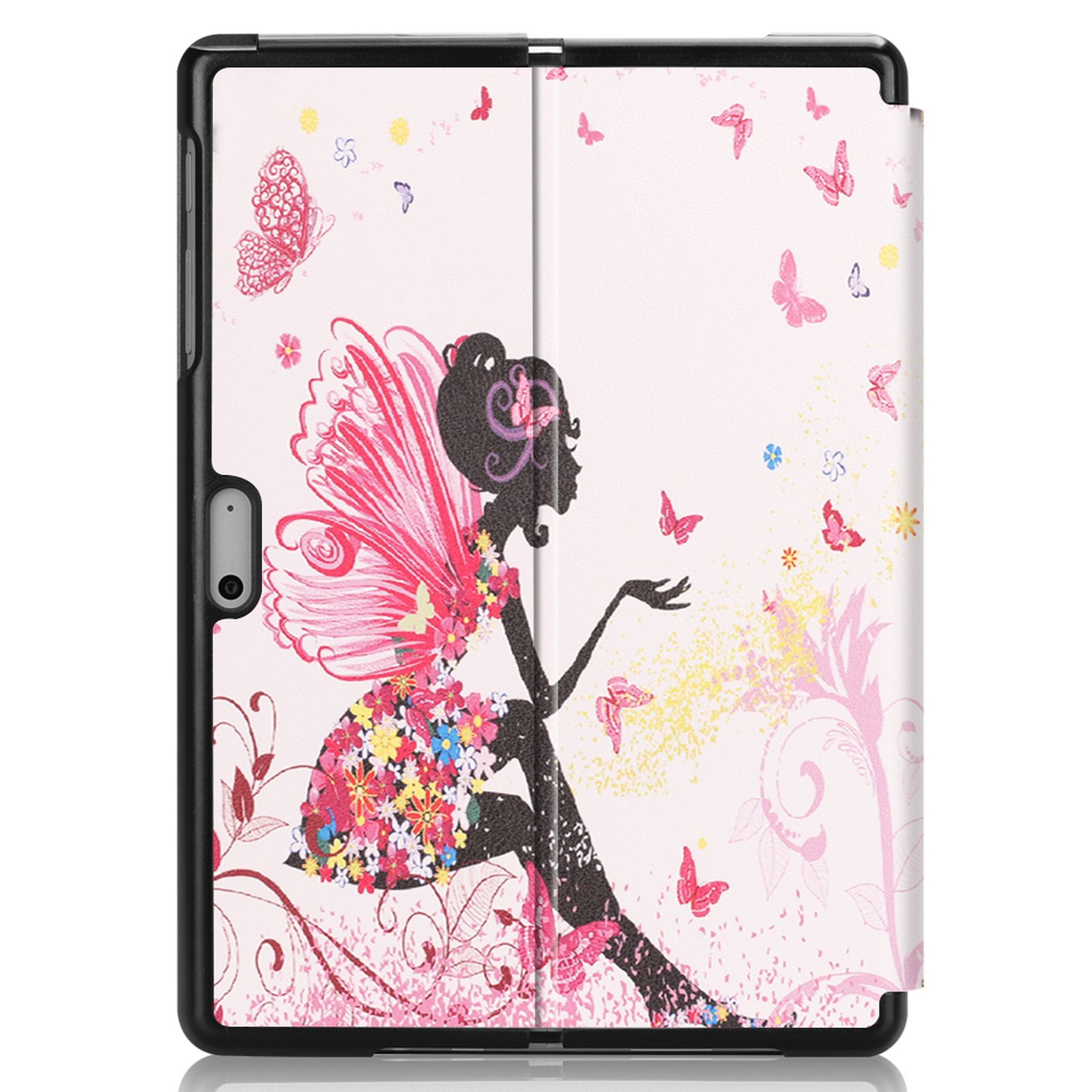 Tablet-Hülle mit Feen-Illustration auf der Vorderseite, Schmetterlinge zeigend.