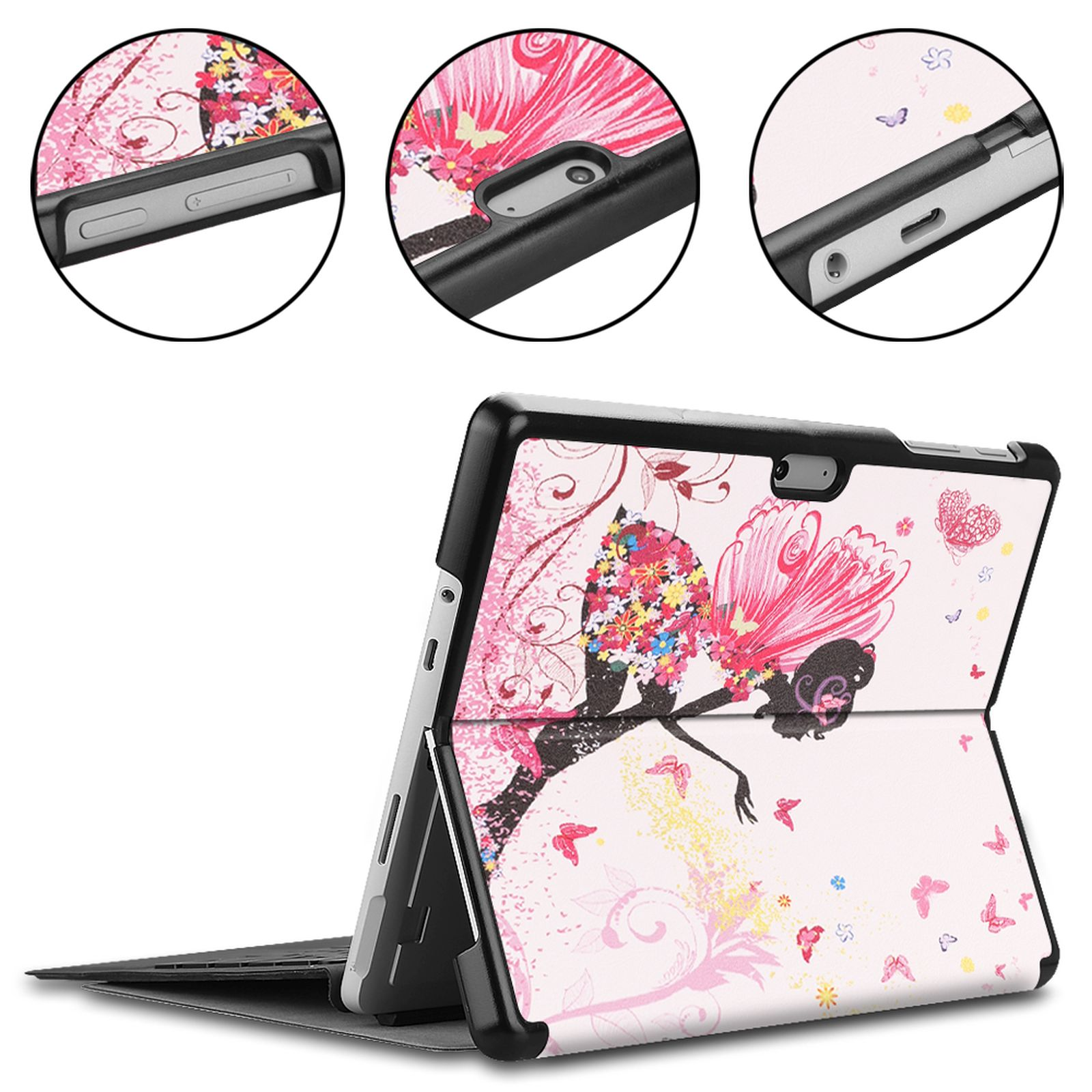 Eine Tablet-Hülle mit Feen-Design, die Seiten-, Ober- und Rückansicht der Hülle zeigt. Die Hülle ist offen.