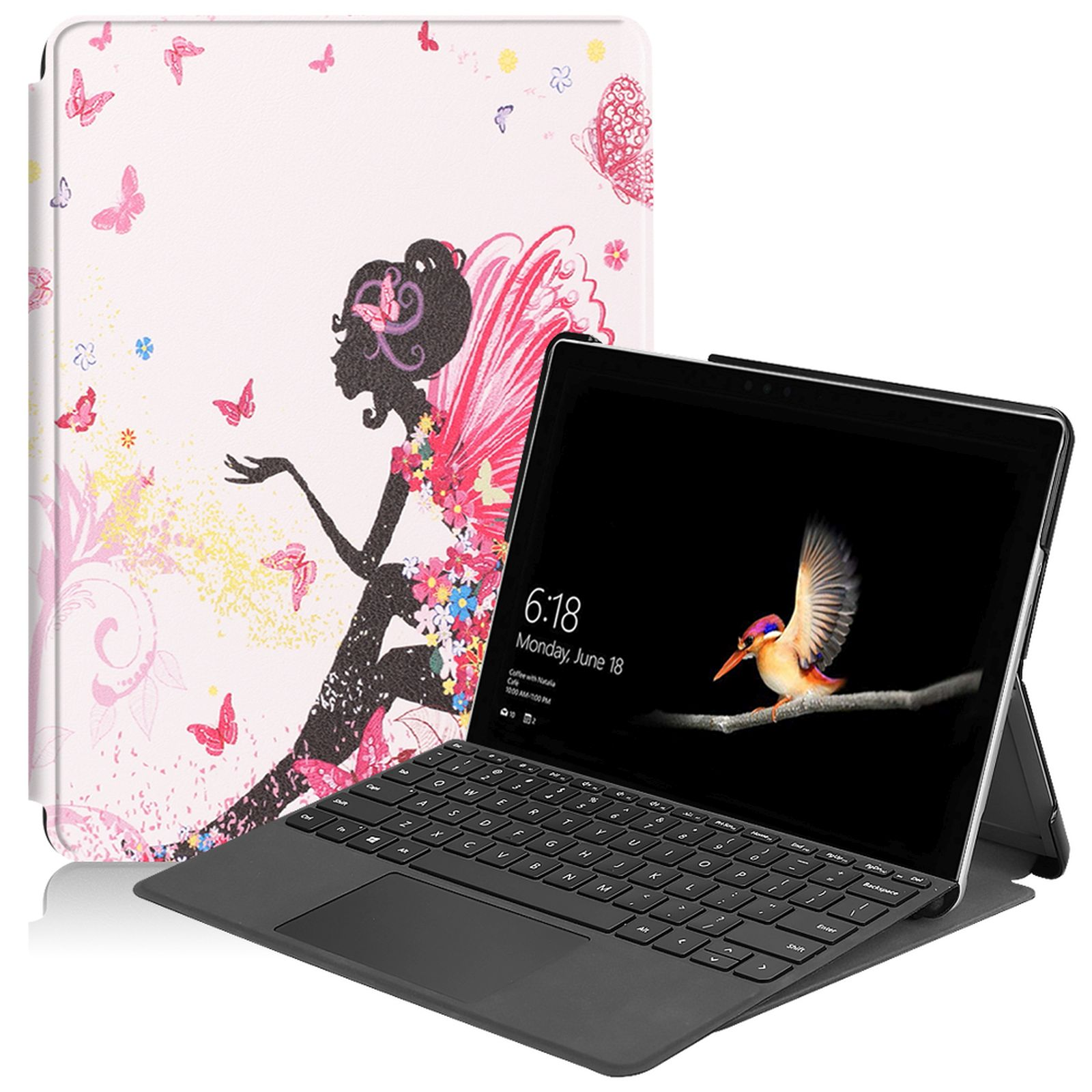 Ein Laptop mit pinker Schmetterlingsmuster-Hülle und schwarzer Tastatur. Bildschirm zeigt Zeit.