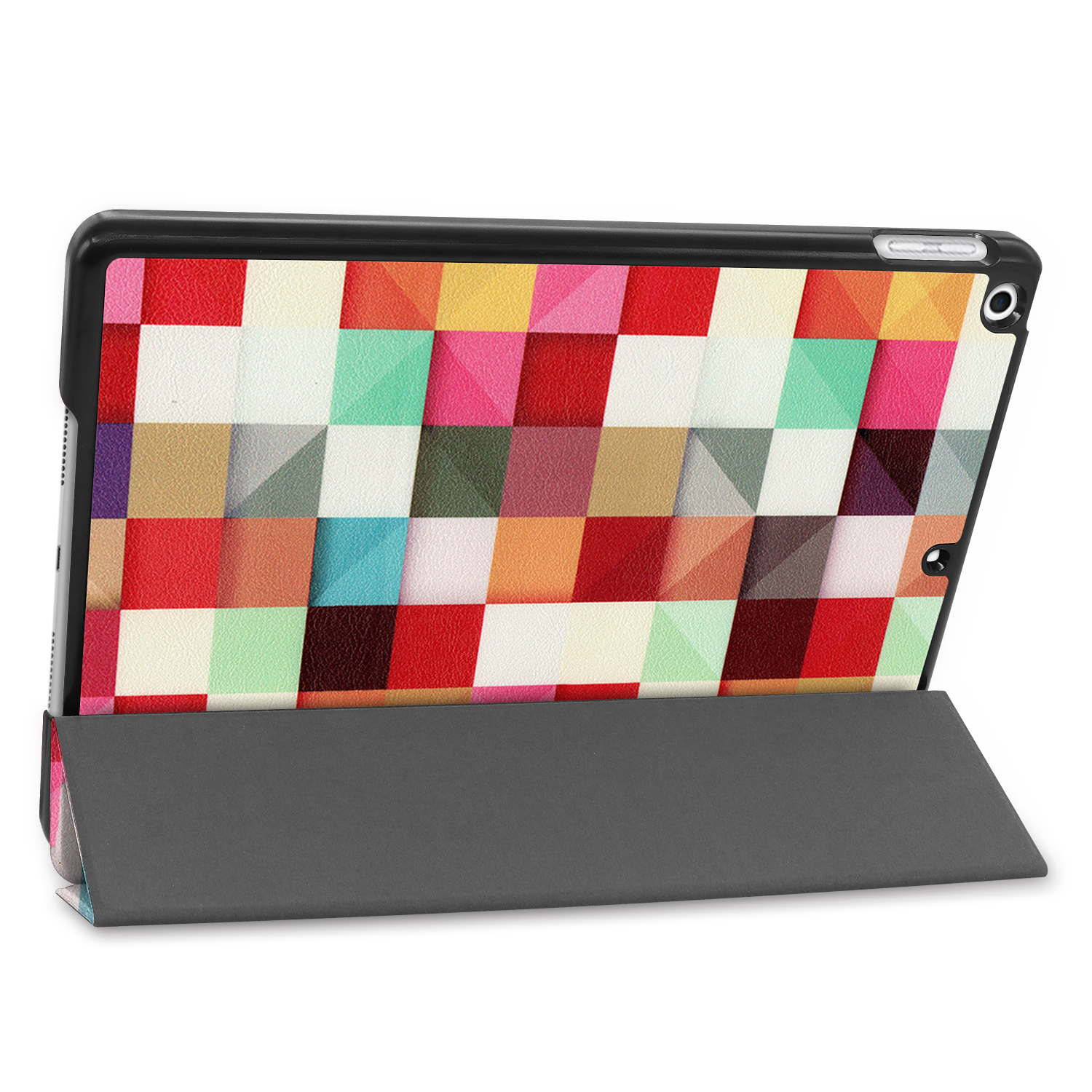 Tablet mit buntem, geometrischem Muster und grauem Klappständer.