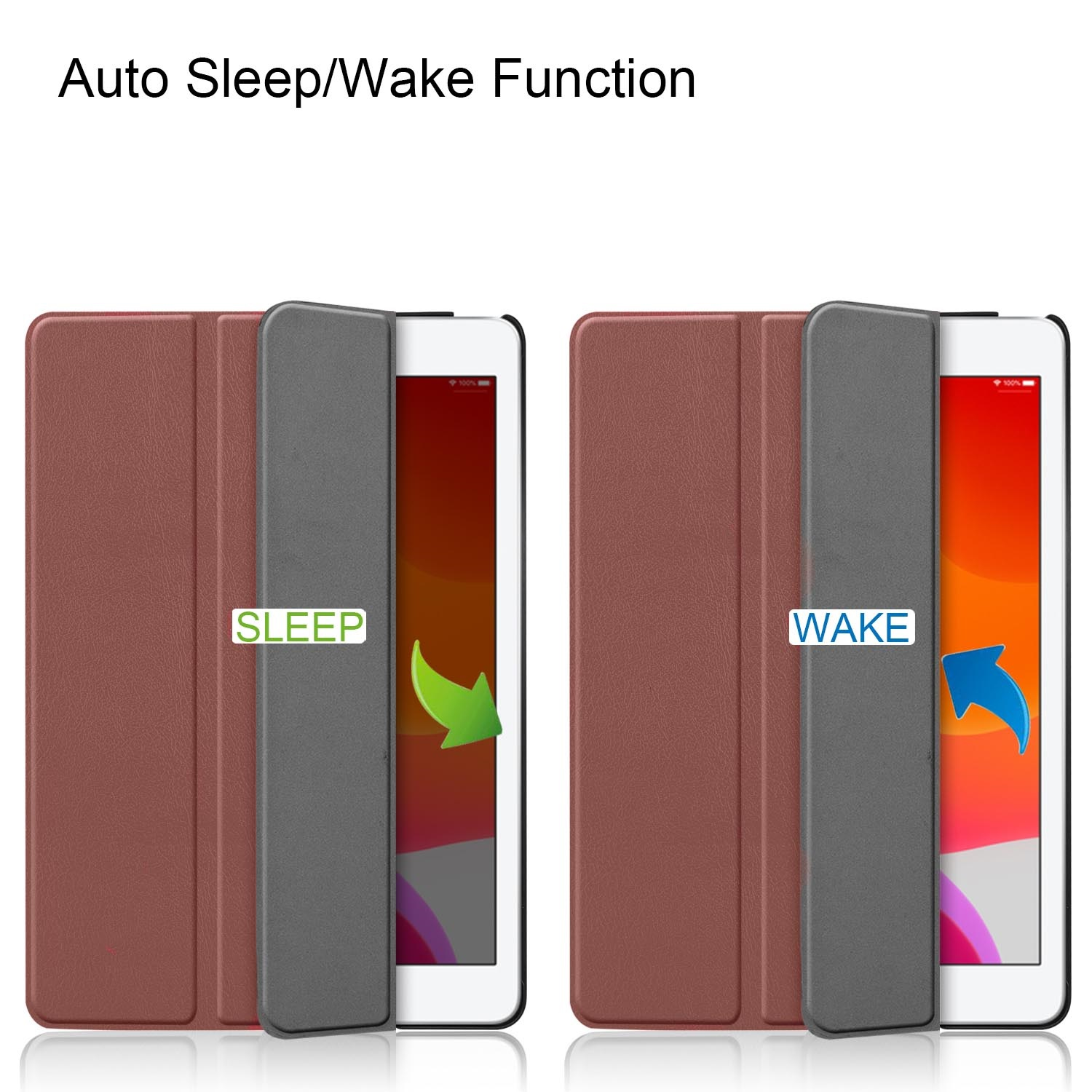 Zwei Tablethüllen, eine offen und eine geschlossen. Der Text 'Sleep' und 'Wake' sind sichtbar.
