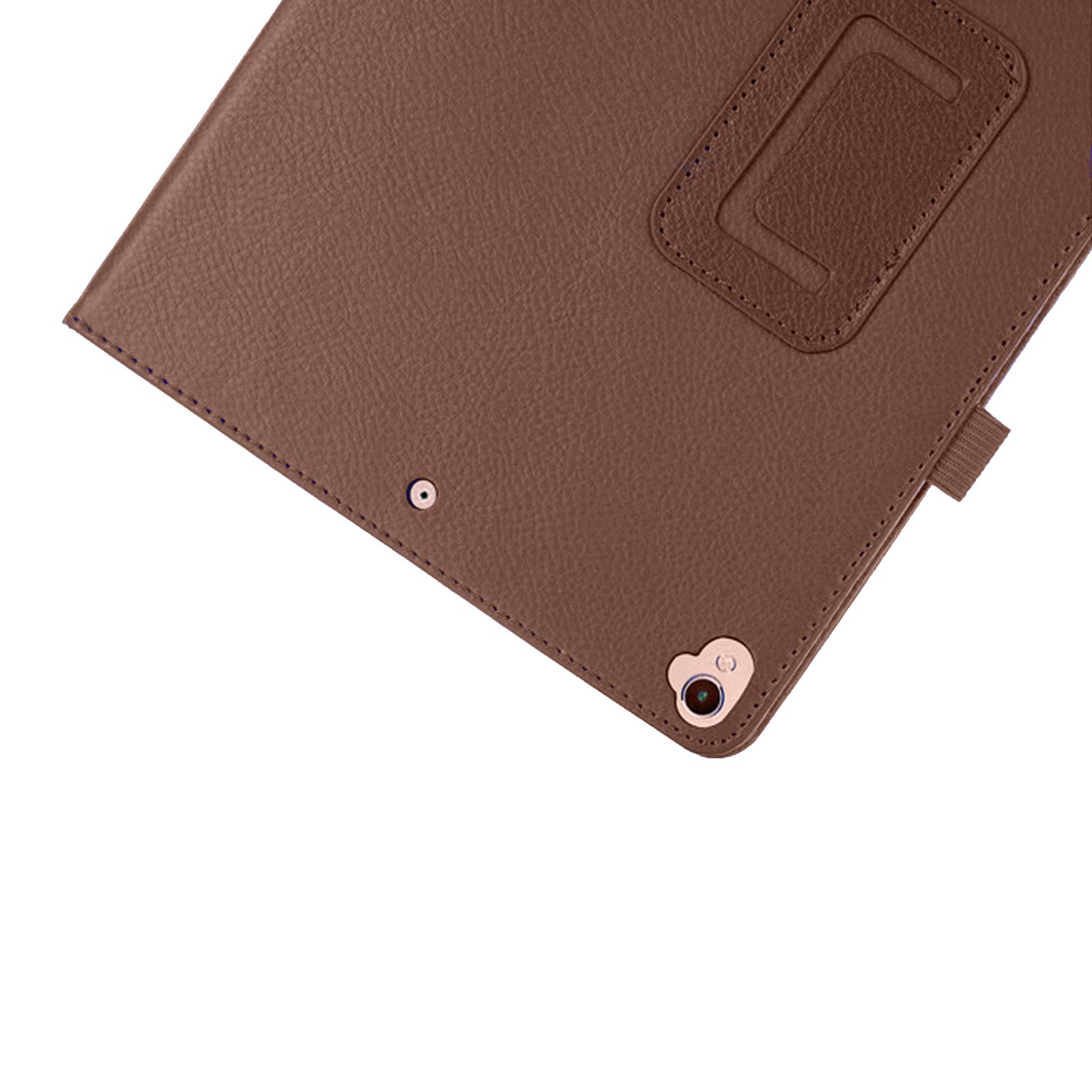 Eine braune Tablet-Hülle aus Leder, Nahaufnahme, zeigt einen Knopf und einen Kamerabereich.
