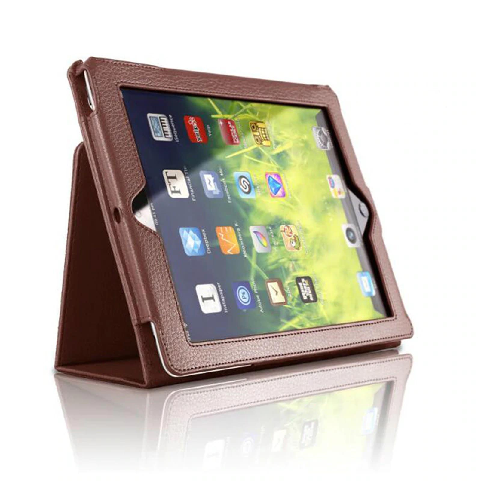 Eine braune Leder-Tablet-Hülle geöffnet, zeigt den Bildschirm mit Apps und einen Ständer.