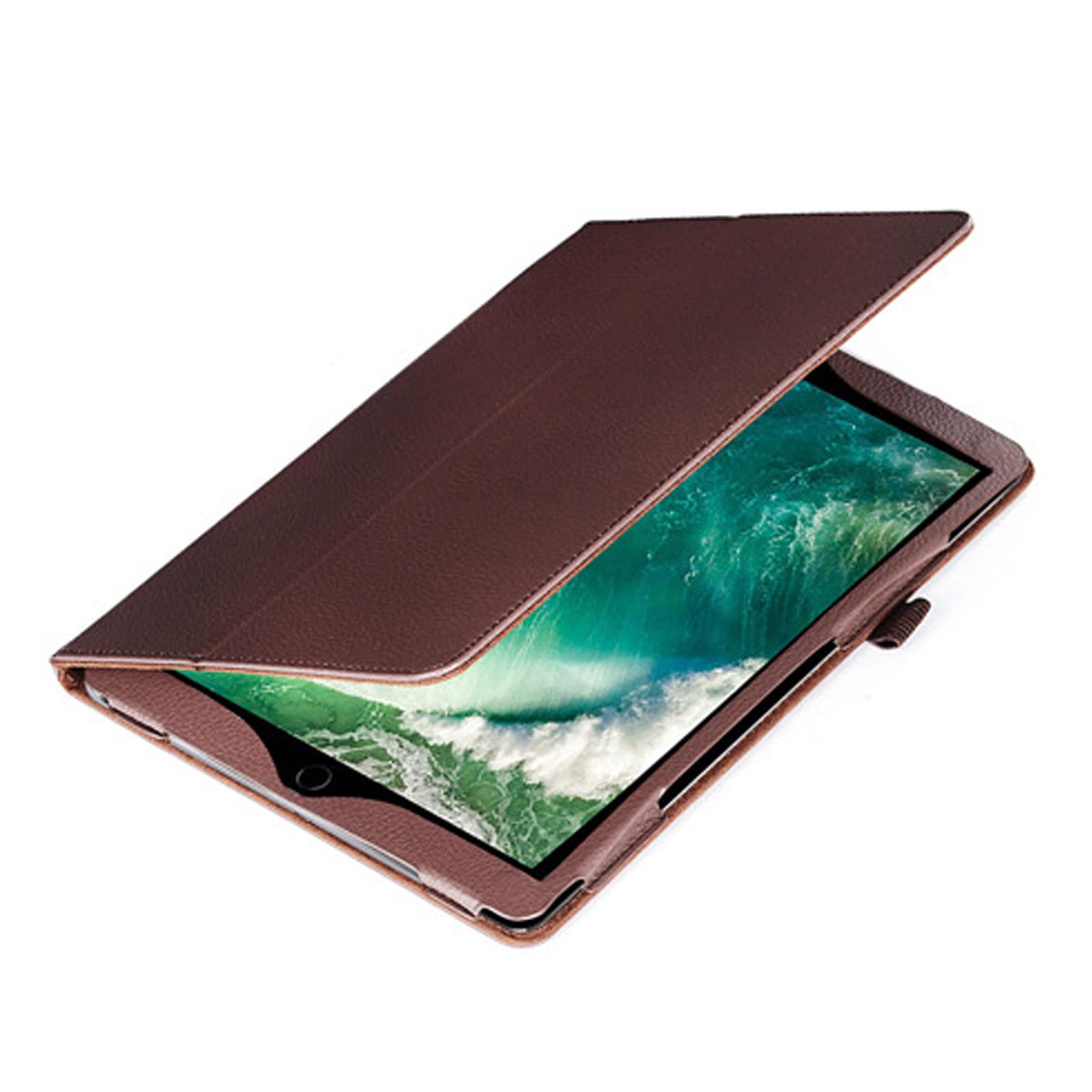 Tablet in brauner Hülle, teilweise geöffnet.