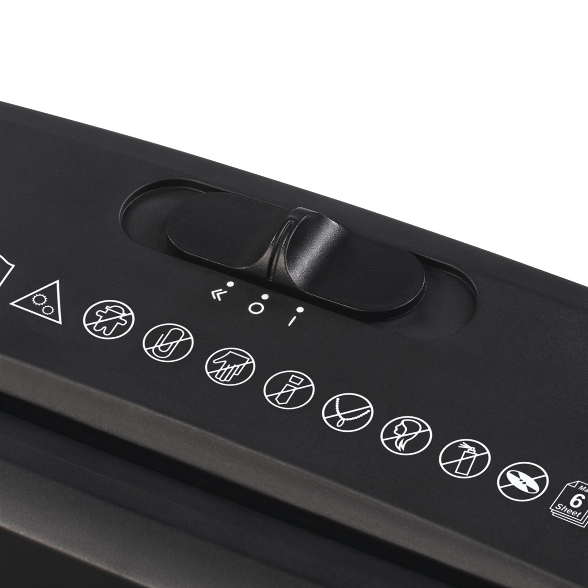 Czarny panel sterowania niszczarki do papieru z ikonami dla różnych scenariuszy niszczenia. Białe tło.