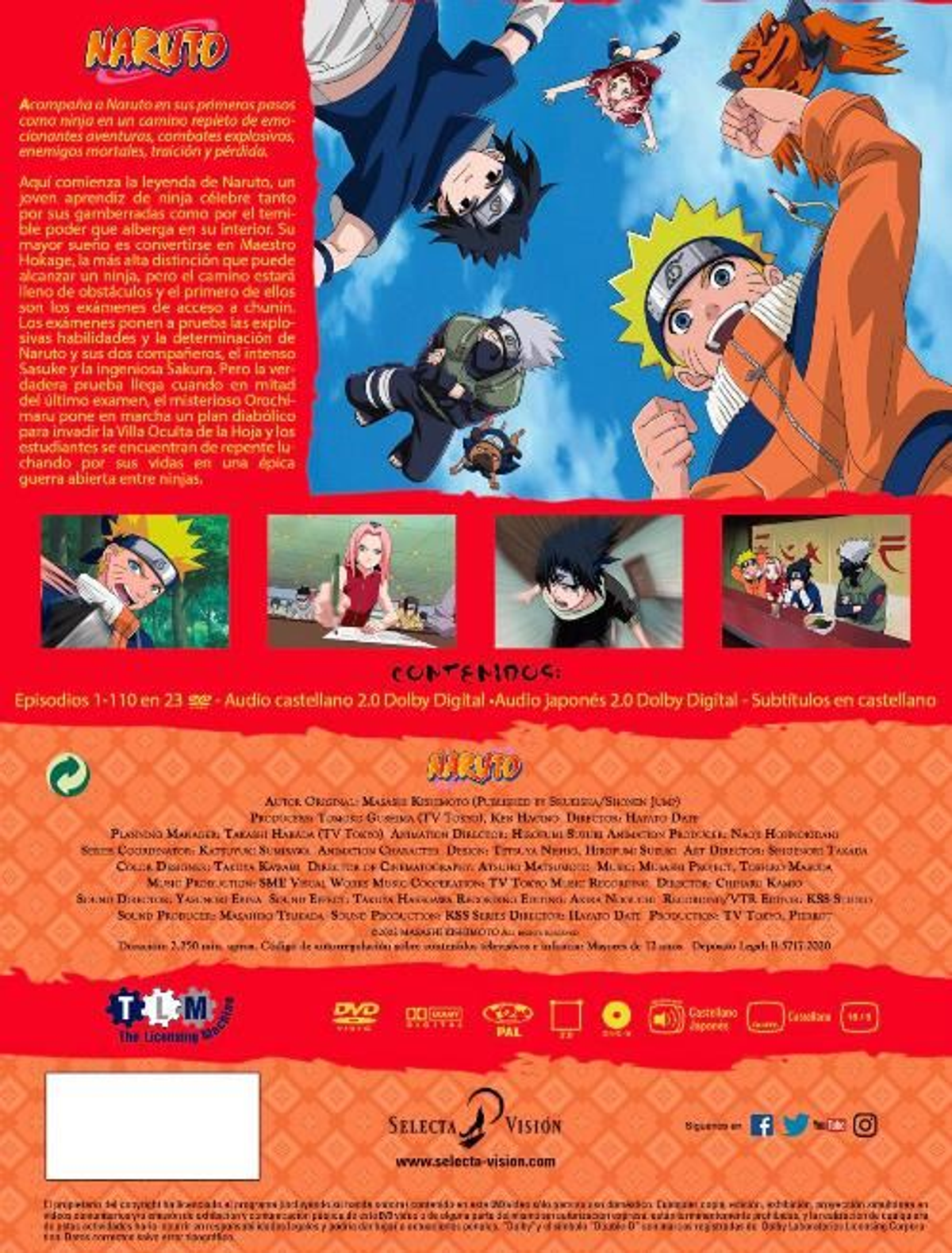 Contraportada de un DVD de Naruto. Texto en japonés e inglés. Se muestran personajes del anime.
