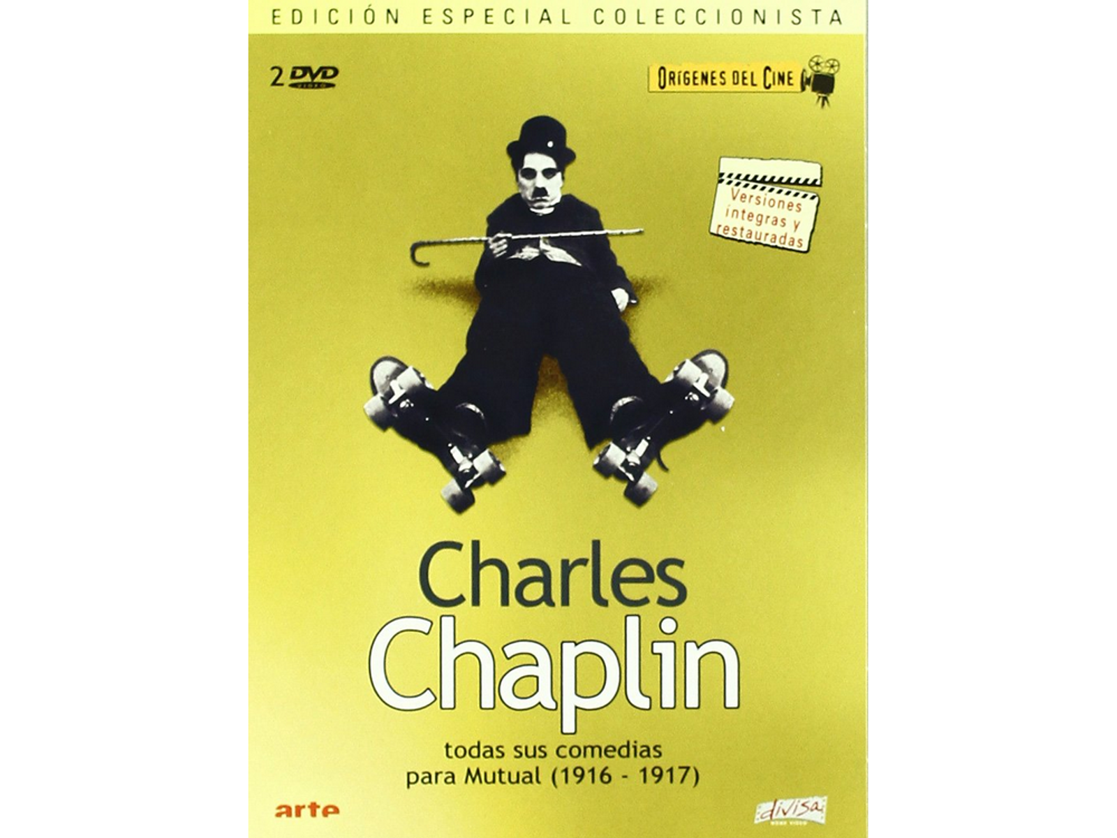 Carátula de DVD de Charles Chaplin con el título de la película y una foto suya con bombín.