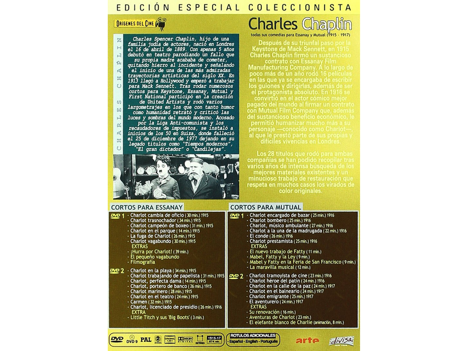 Caja de DVD con texto e imágenes de Charles Chaplin. El texto está en español.