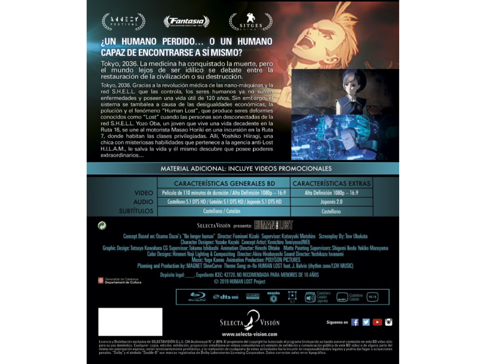 Portada de DVD de 'Human Lost', con personajes de anime. Texto en japonés y español. Fondo oscuro.