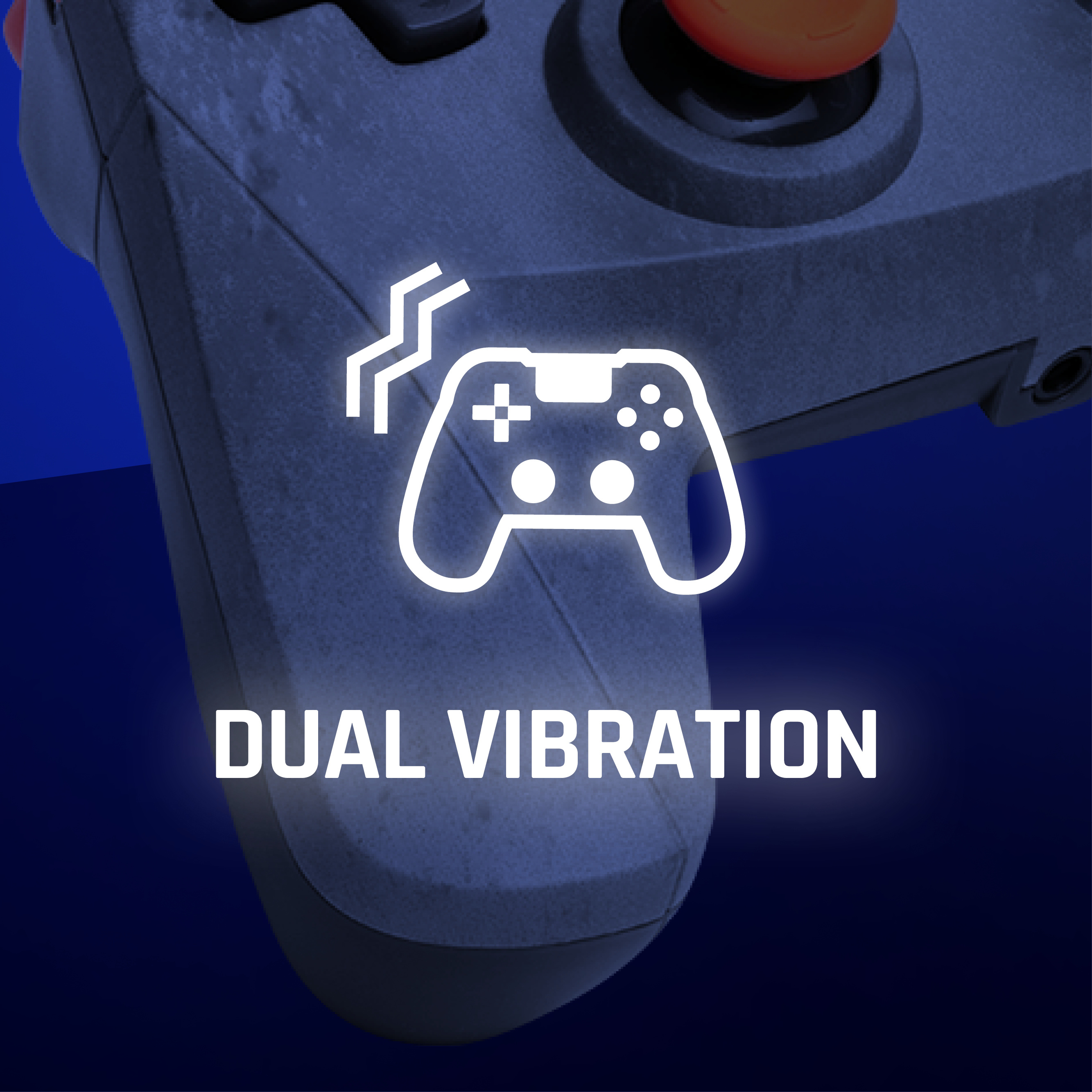 Nahaufnahme eines Gamecontrollers mit dem Text 'DUAL VIBRATION' und einem Gamecontroller-Symbol.