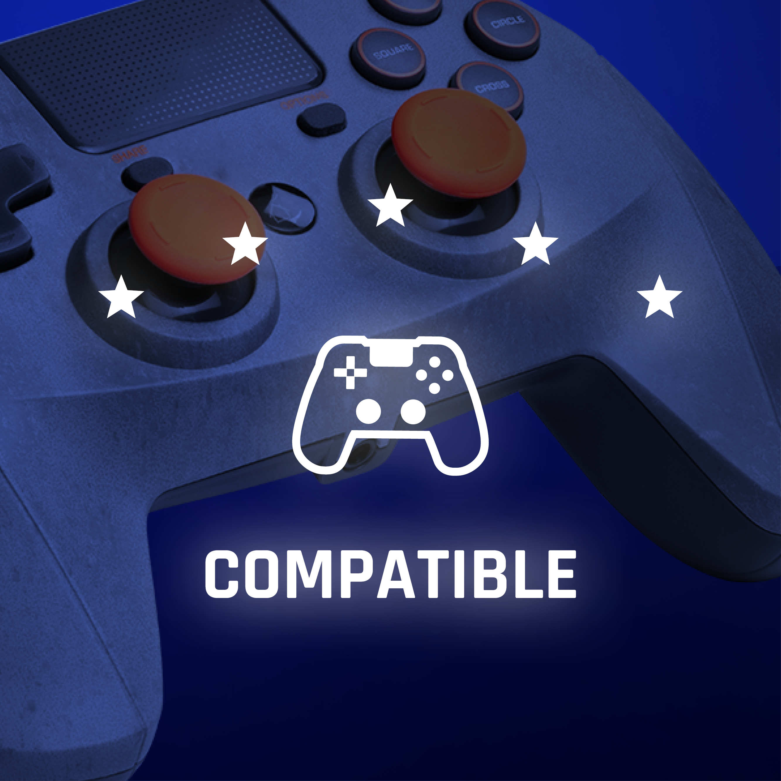 Gamepad-Controller mit orangefarbenen Knöpfen. Kompatibler Text. Weißer Hintergrund.