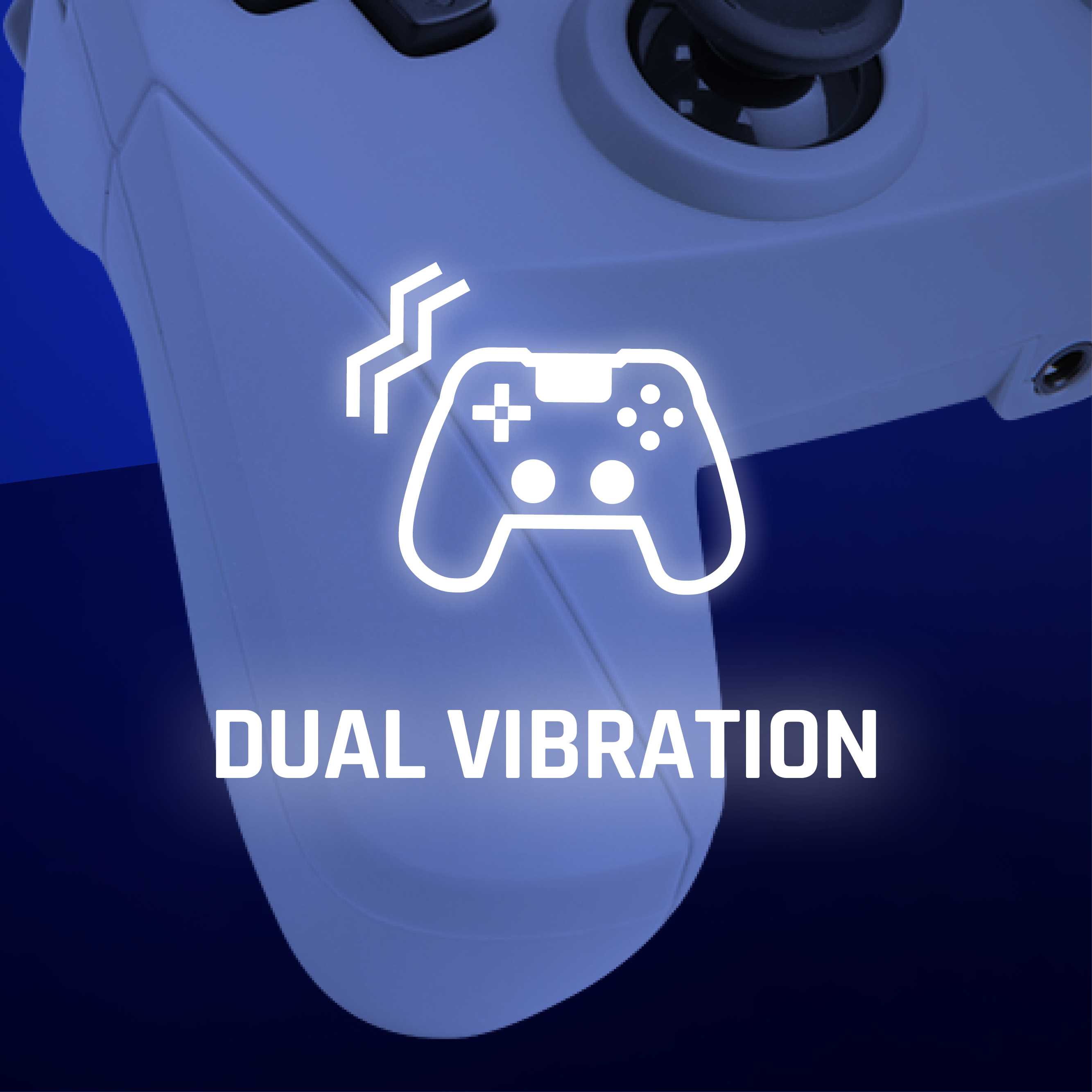 Controller di gioco bianco con icona doppia vibrazione su sfondo blu. Sono visibili i pulsanti del controller.