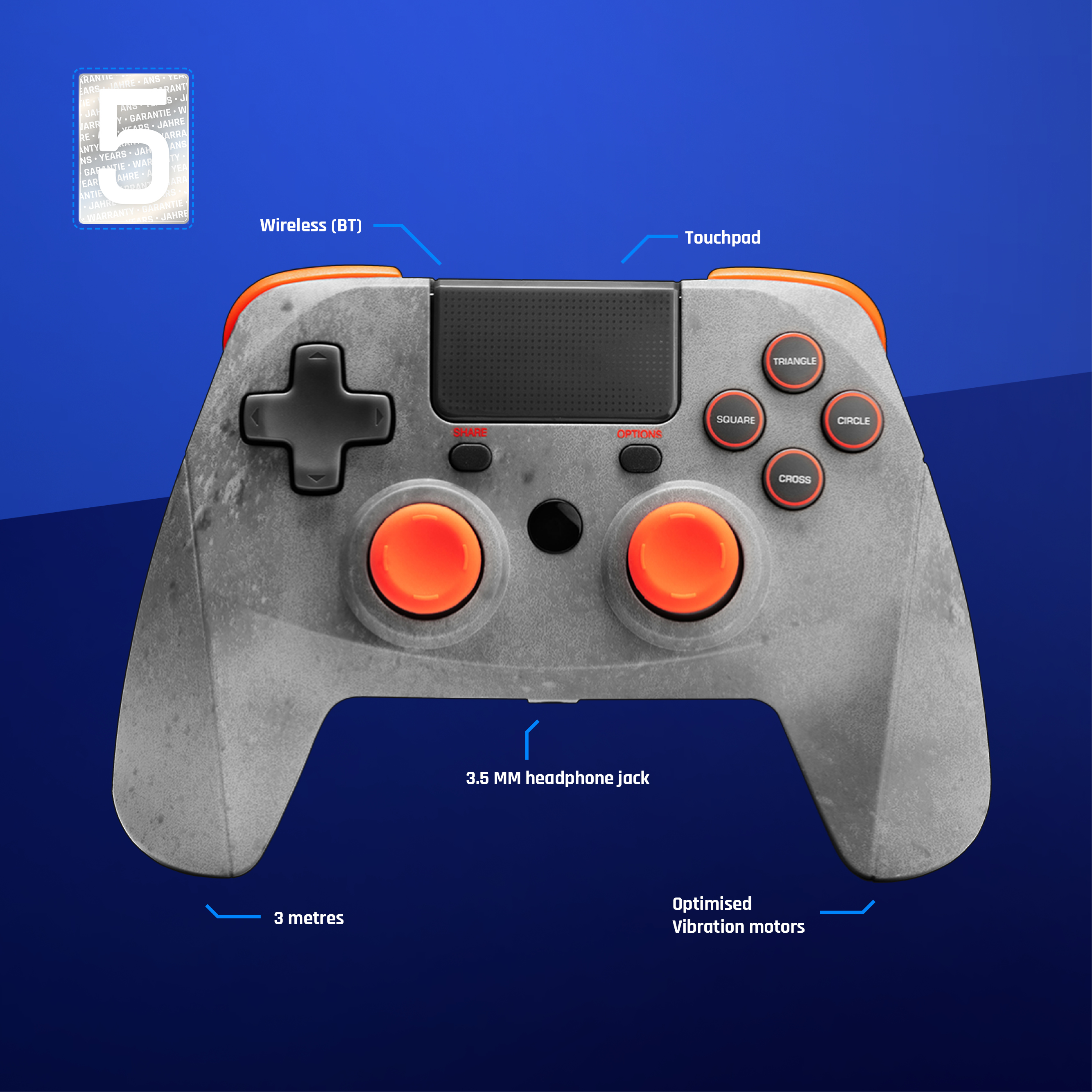Ein grau-orangener Gamecontroller mit Knopfbeschriftungen auf dunklem Grund.