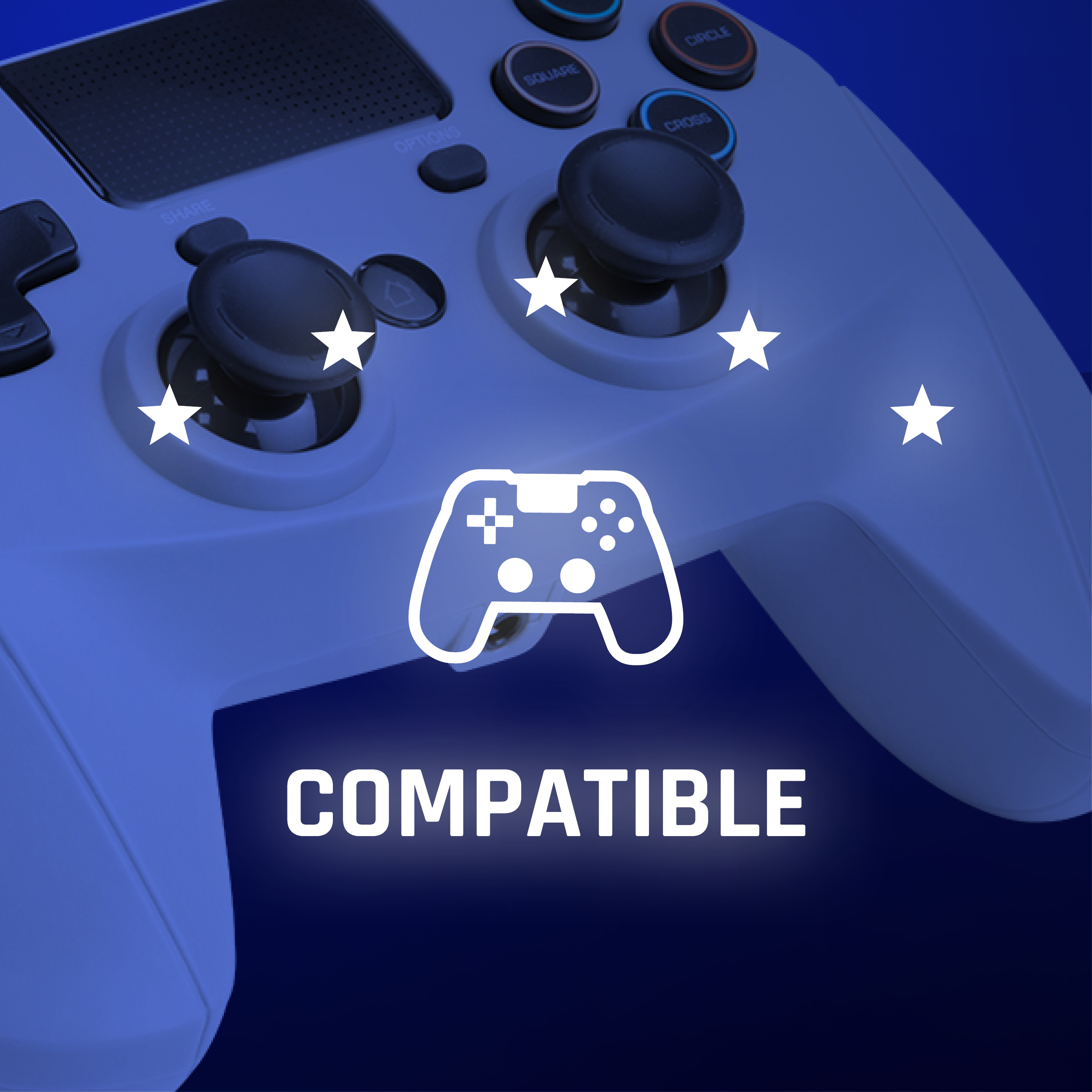 Controller di gioco bianco con pulsanti e stelle. Testo: COMPATIBILE. Sfondo blu con un bagliore.