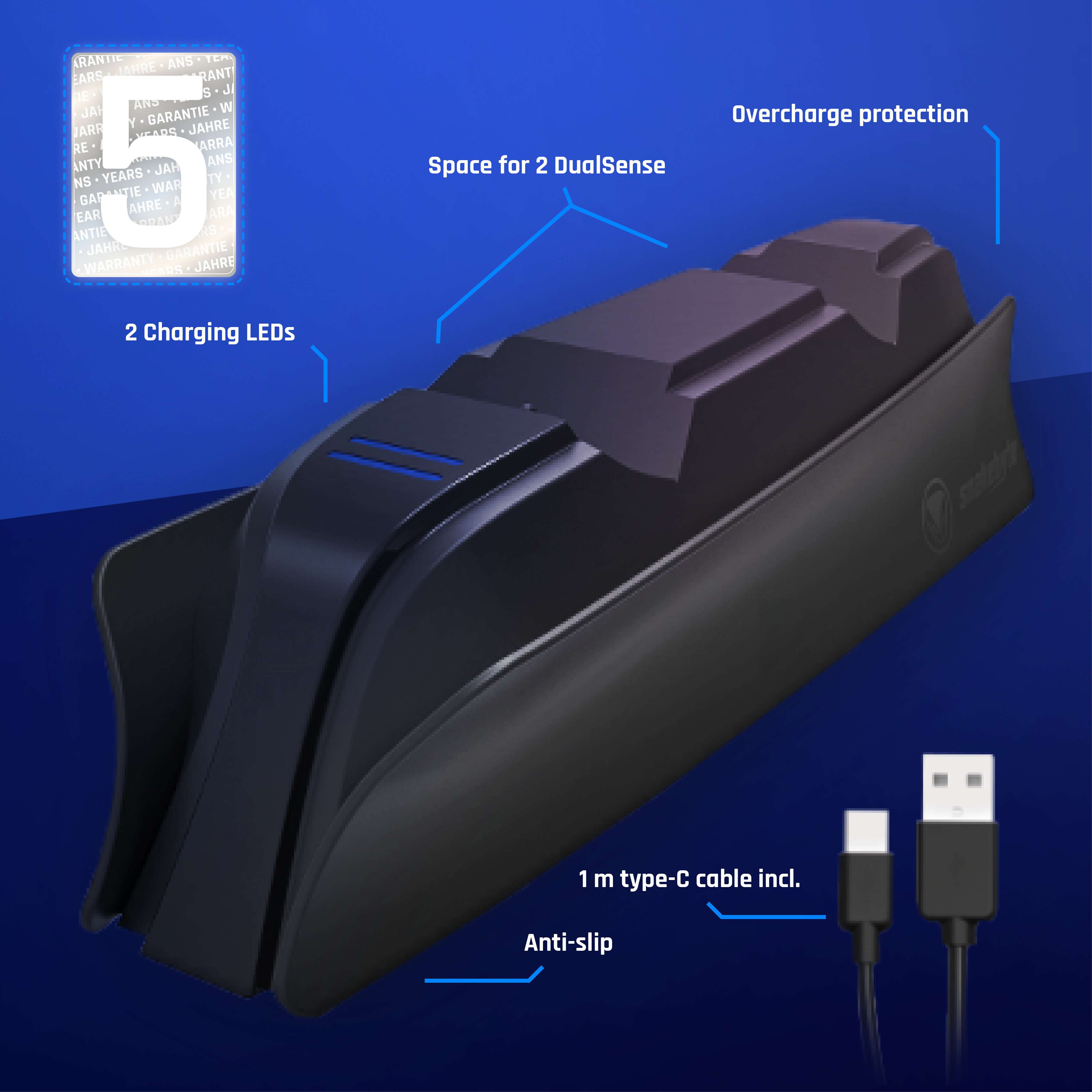 Zwart oplaadstation voor een DualSense-controller. Inclusief een USB-C-kabel.