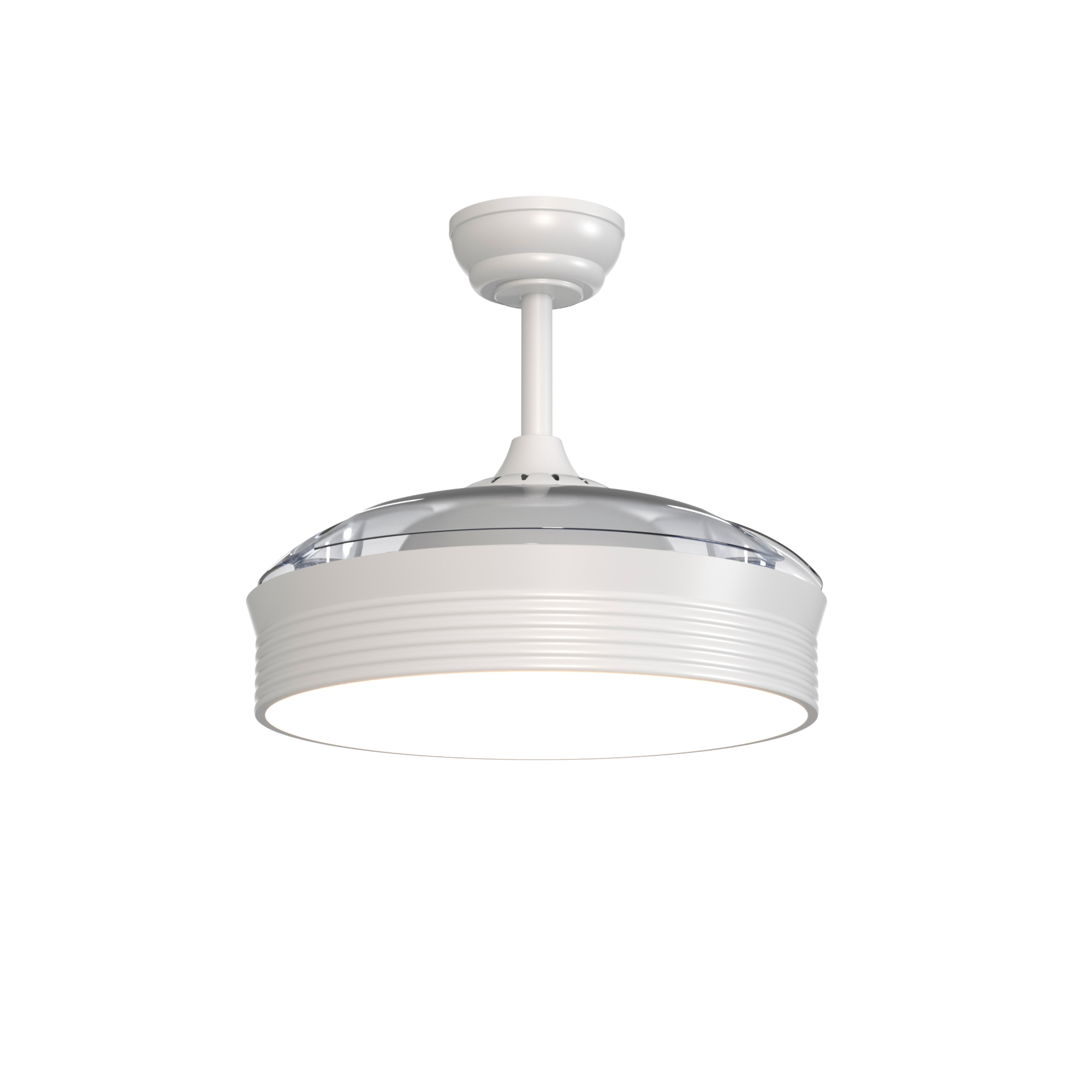 Un ventilador de techo blanco con una parte inferior curva y transparente. Cuelga del techo.