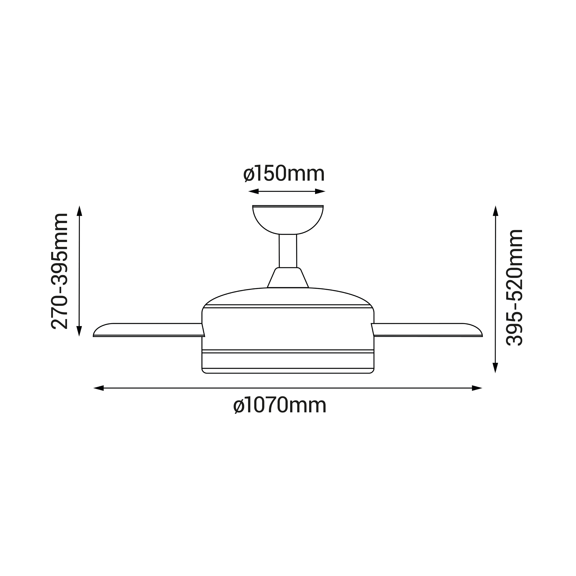 Ventilador de techo con aspas, dimensiones y medidas marcadas, fondo blanco.