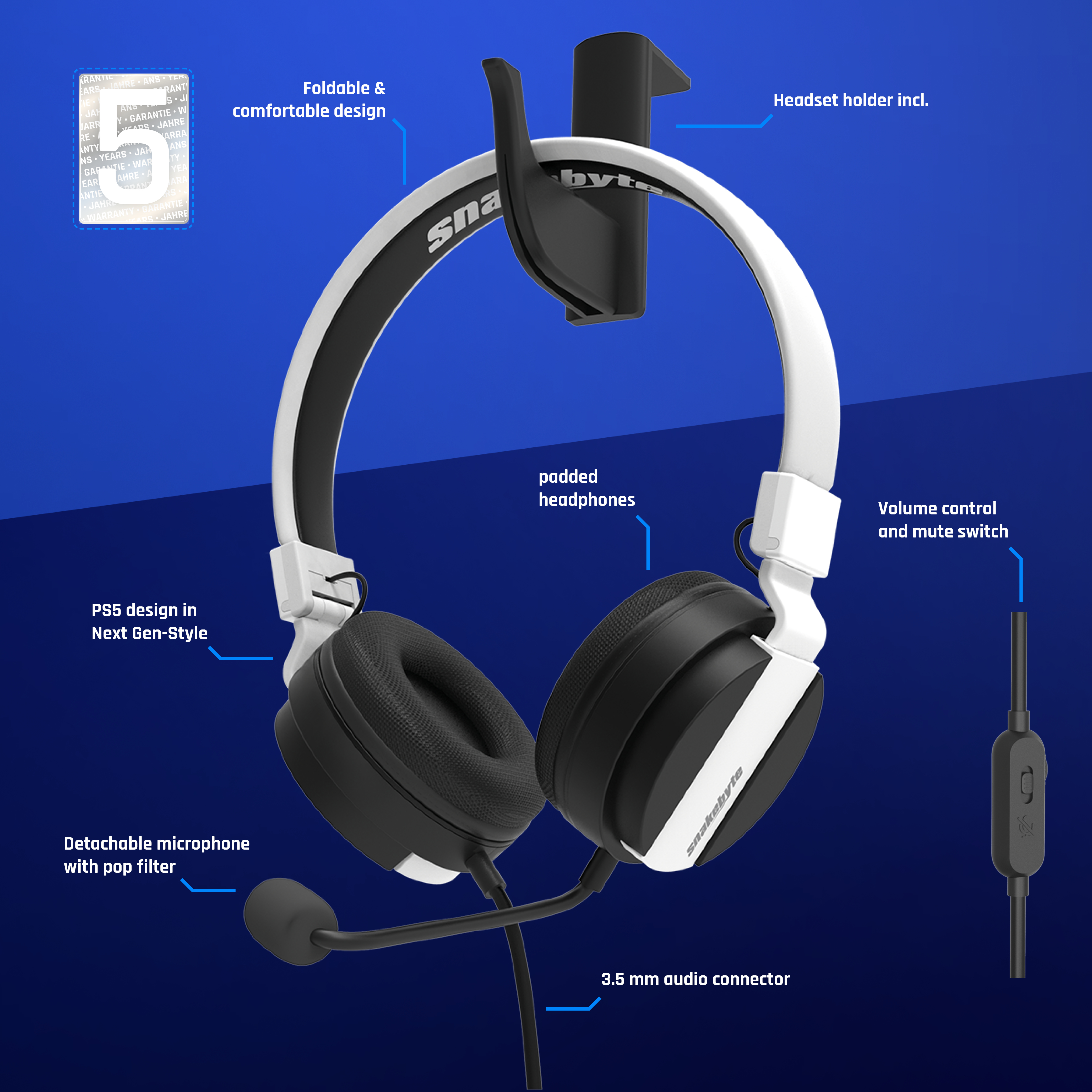 Słuchawki bezprzewodowe SNAKEBYTE HEAD:SET 5 (PS5) Czarny, Biały