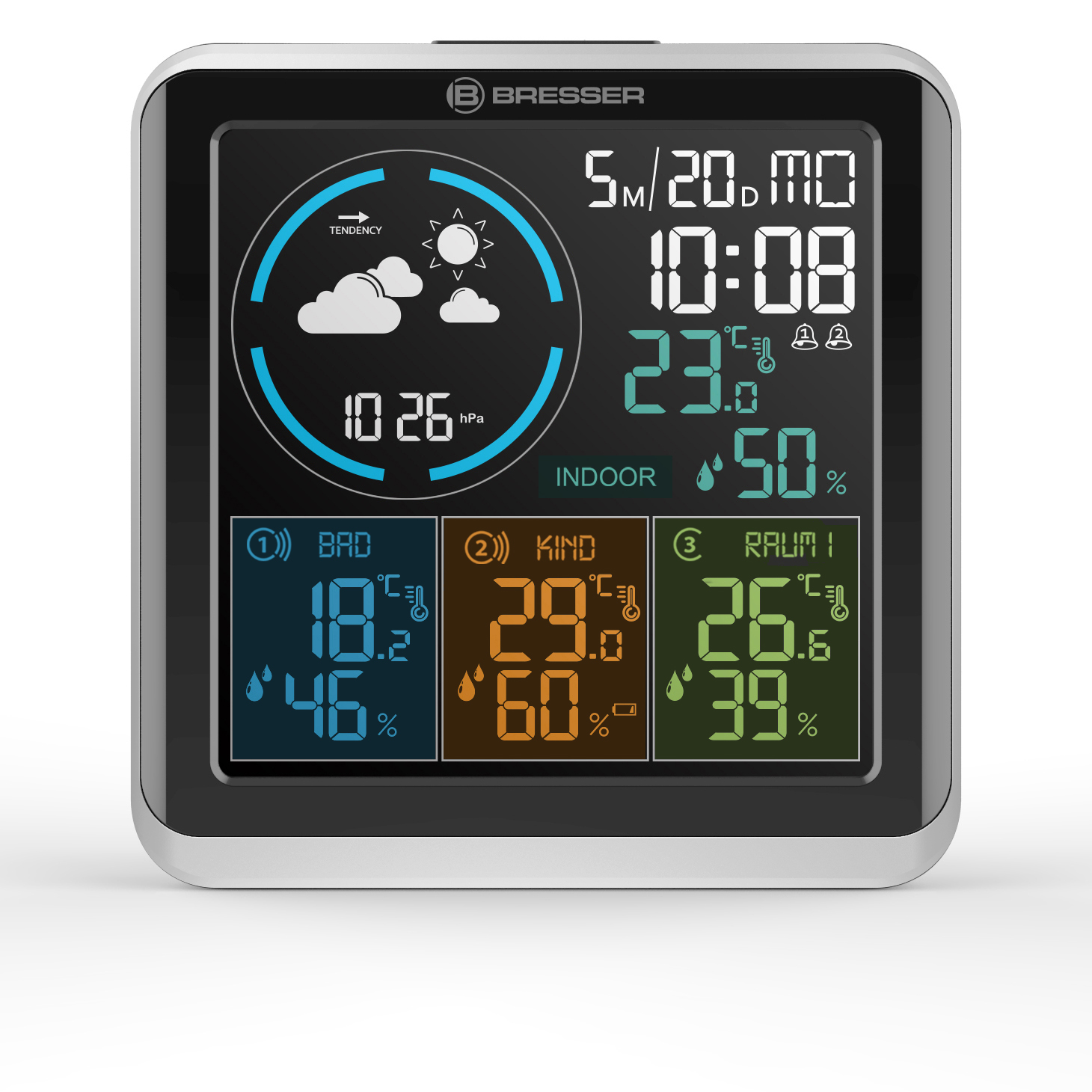 Eine digitale Wetterstation, die Temperatur, Luftfeuchtigkeit und Uhrzeit anzeigt. Sie ist weiß und schwarz.