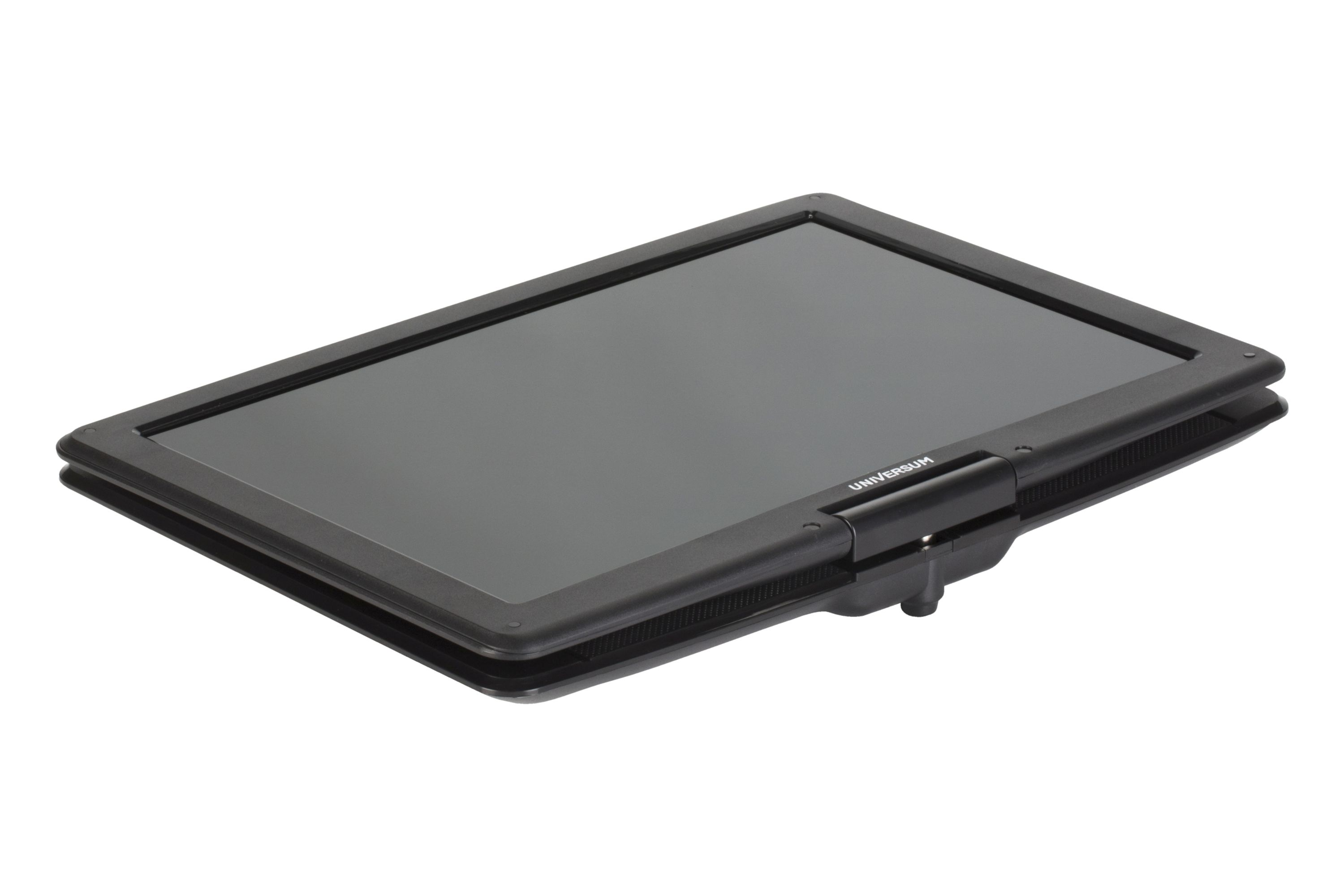 Ein schwarzes Tablet mit schwarzem Rahmen, abgewinkelt auf weißem Hintergrund.