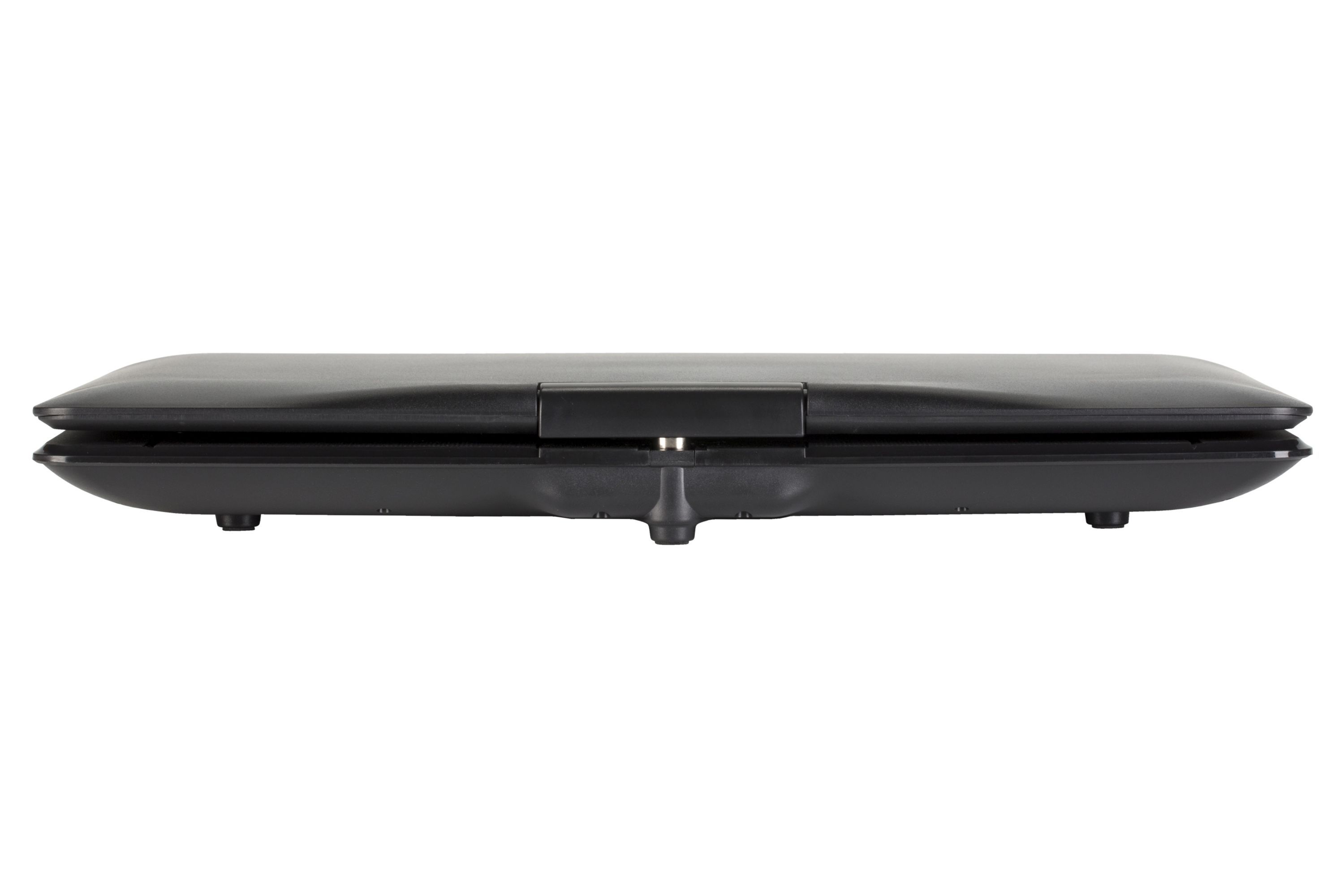 Schwarzer DVD-Player, Draufsicht. Der Player ist geschlossen und flach.