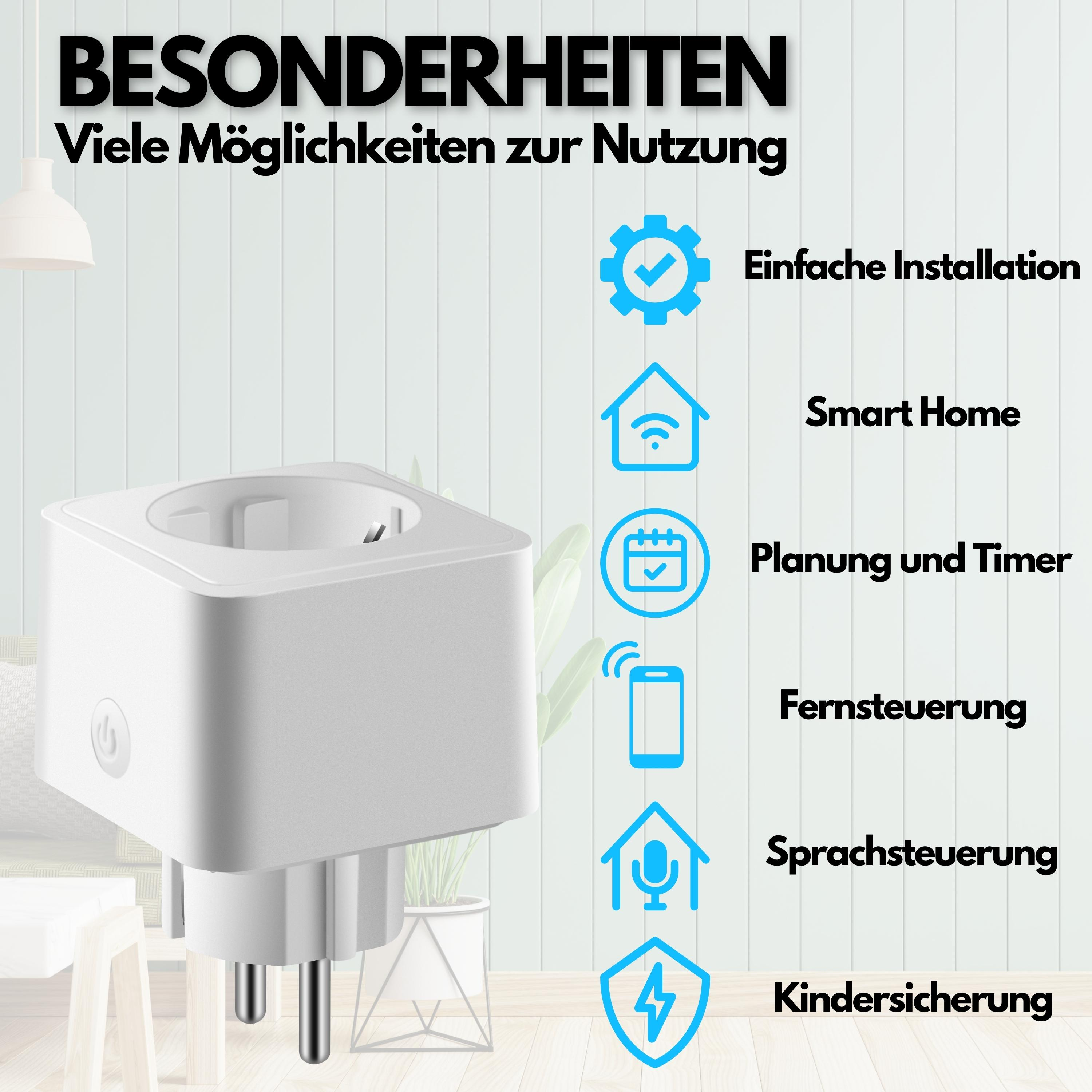 Weißer Smart Plug mit modernem Design mit Text auf Deutsch neben Symbolen.