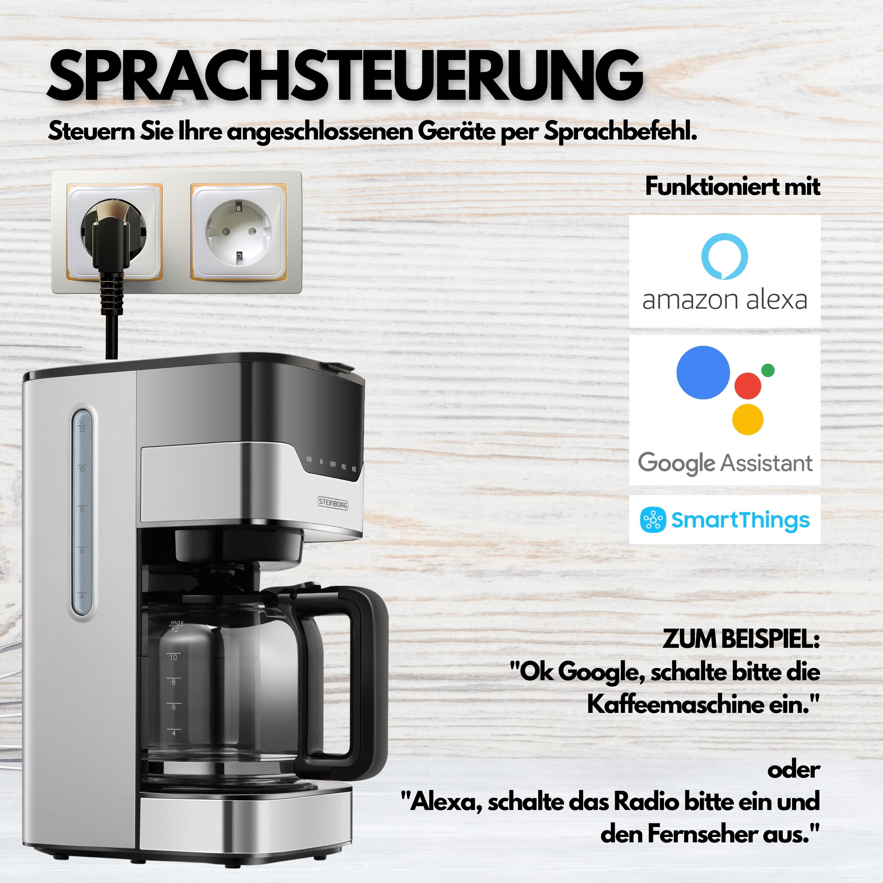 Kaffeemaschine mit eingestecktem Netzkabel. Text: Sprachsteuerung. Funktioniert mit Amazon Alexa, Google Assistant, SmartThings.