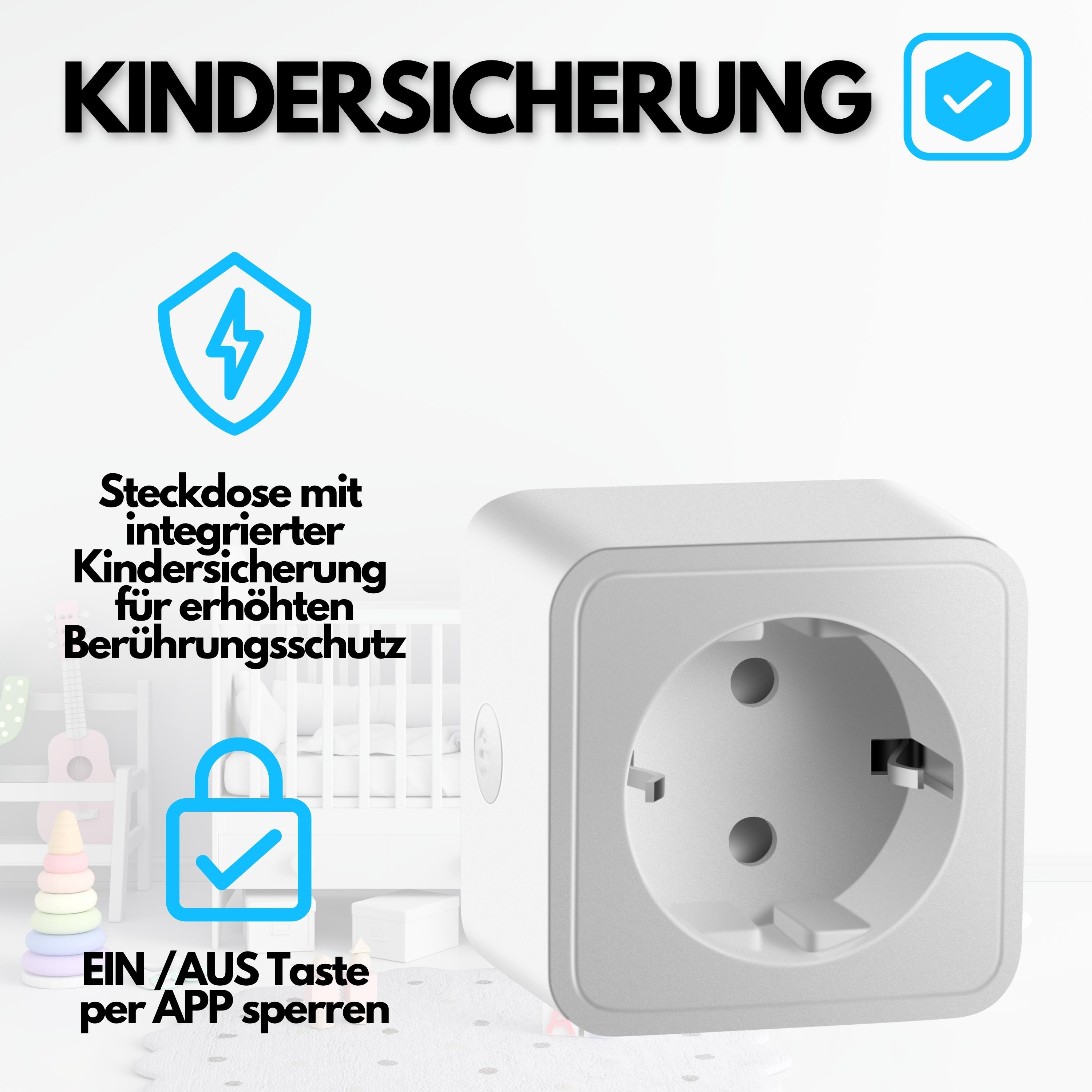 Weiße Steckdose mit Kindersicherheitsmerkmalen, umgeben von Symbolen und Text.