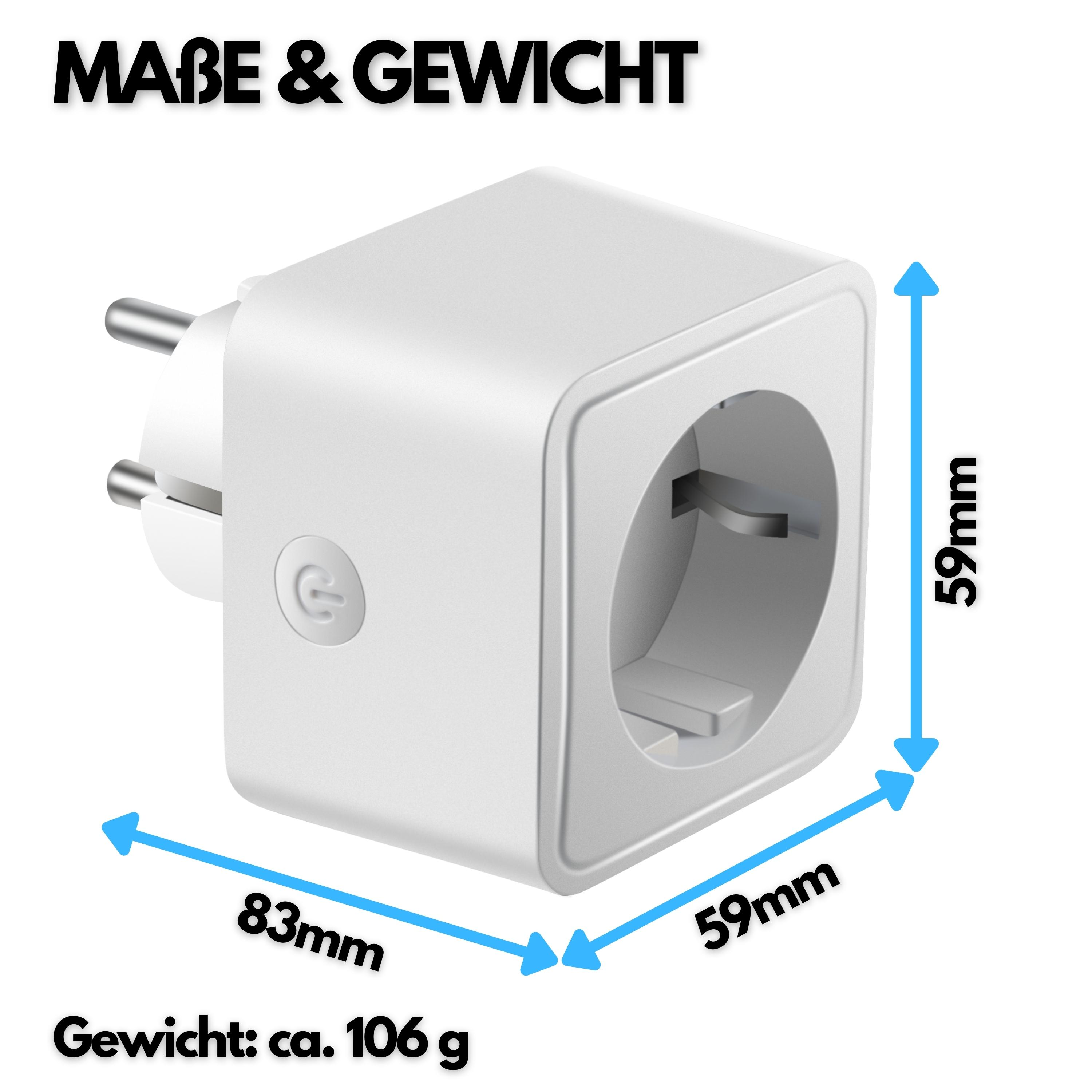 Weißer Smart-Stecker mit Abmessungen. Stecker hat drei Stifte. Abmessungen: 83mm x 59mm x 59mm. Text: Maße & Gewicht.