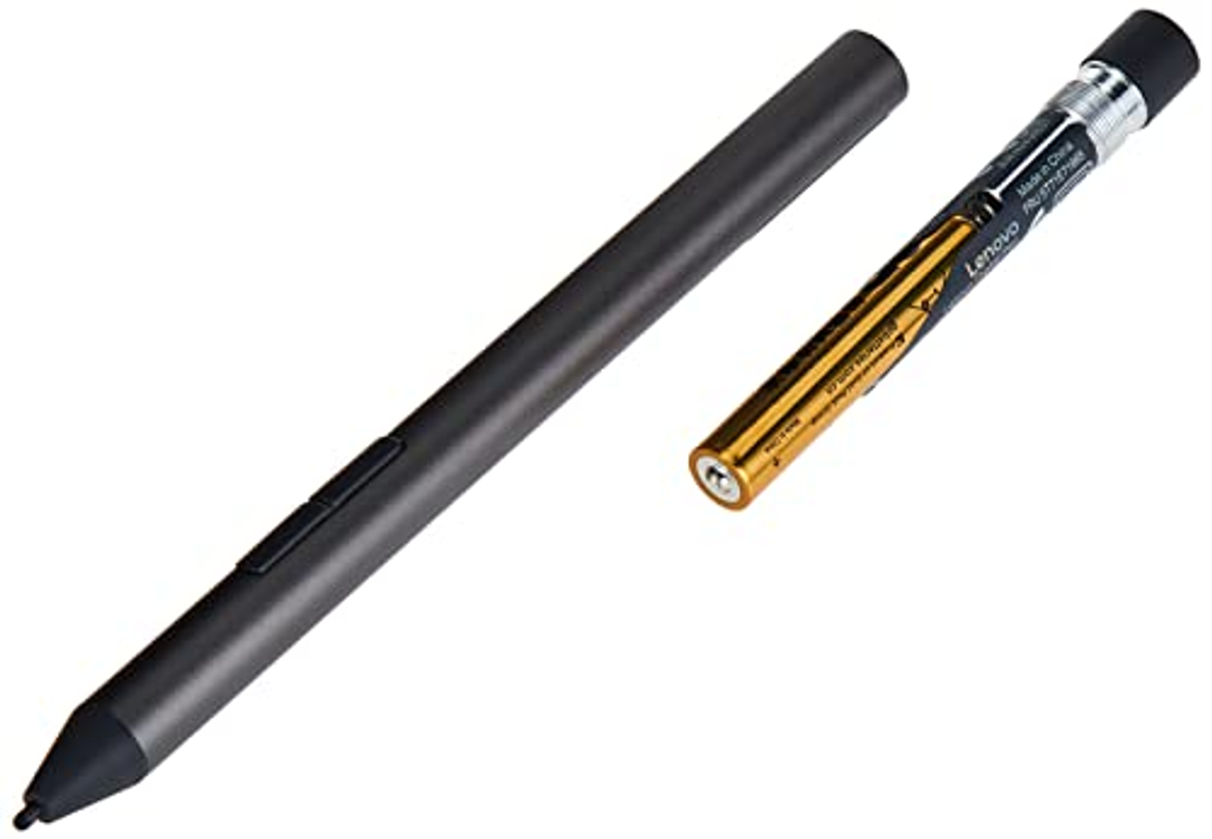 Schwarzer Lenovo-Stift und eine separate goldfarbene Batterie. Der Stift ist zylindrisch.