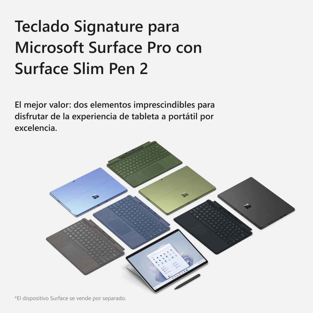Una exhibición de fundas de teclado coloridas con una computadora portátil y texto sobre una superficie blanca.