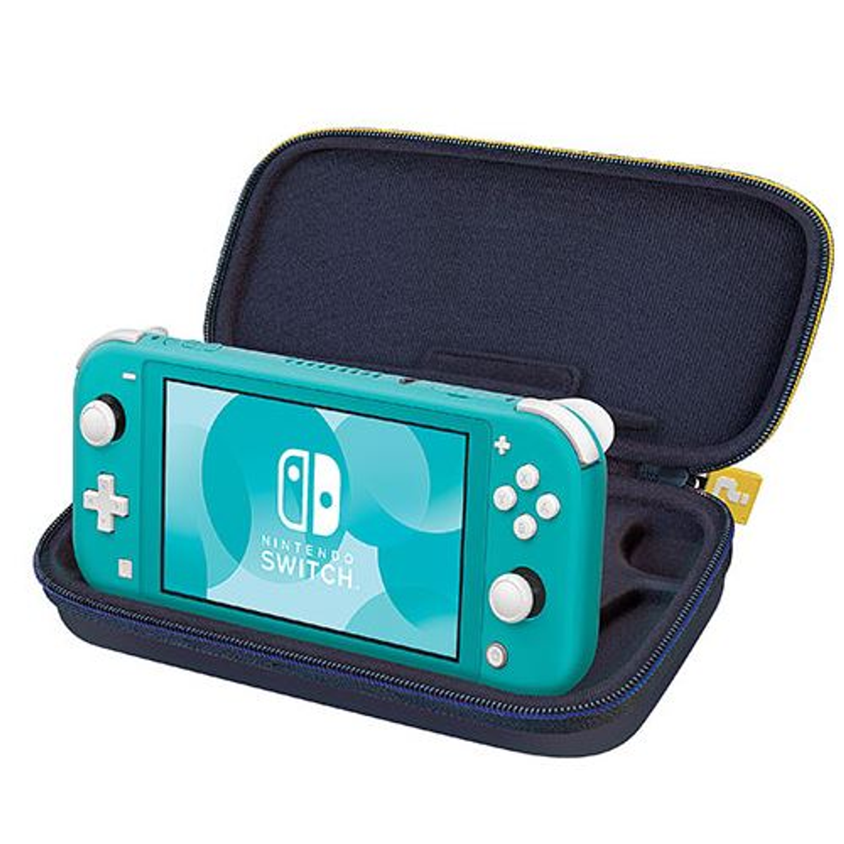Nintendo Switch Lite turquesa con una funda a juego. La funda está abierta, mostrando la consola.