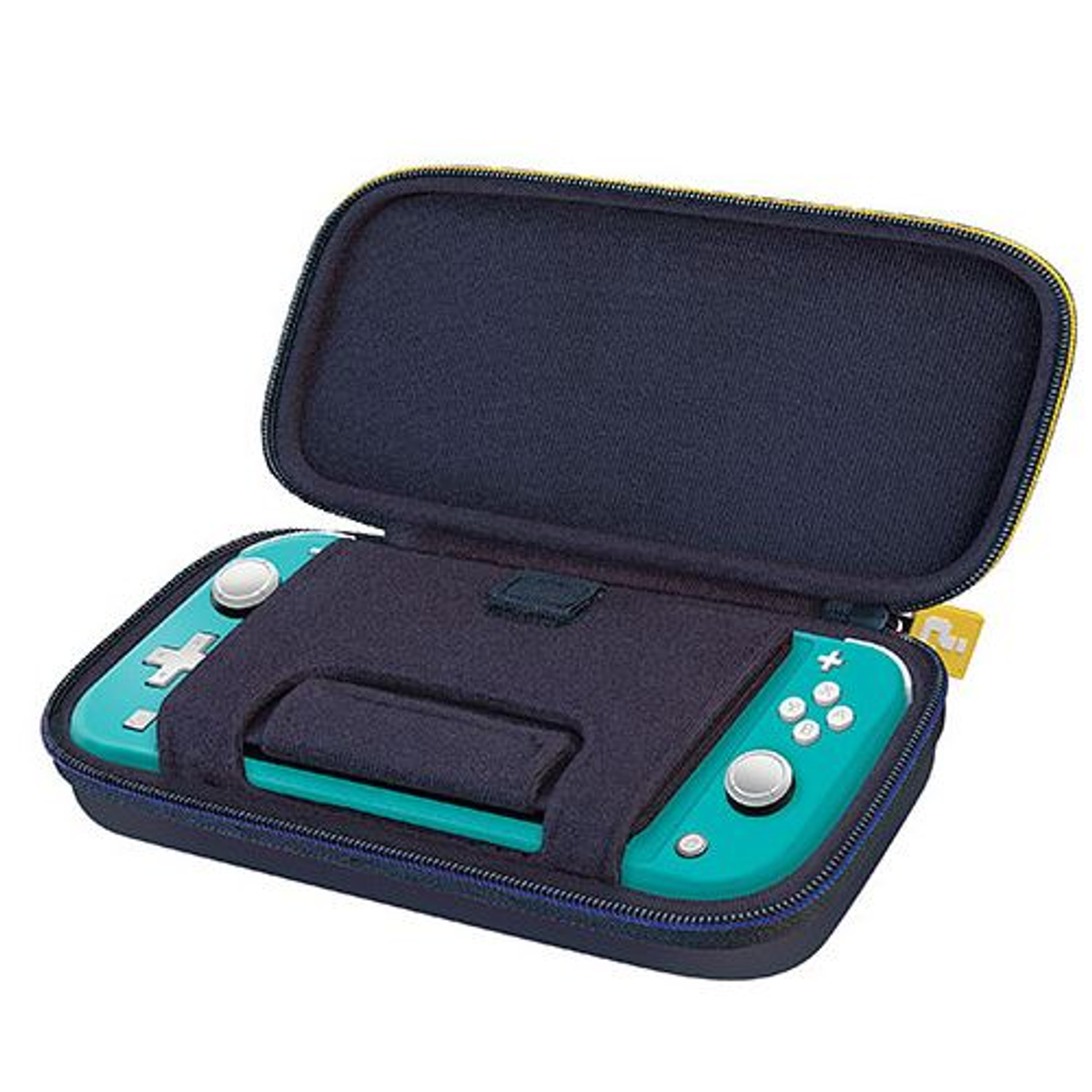 Nintendo Switch Lite turquesa en funda protectora, abierta.
