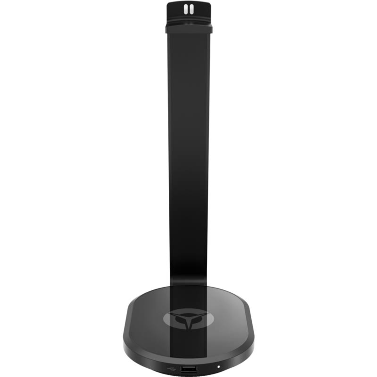 Soporte de auriculares negro. Tiene una base redonda con el logo y un puerto USB.