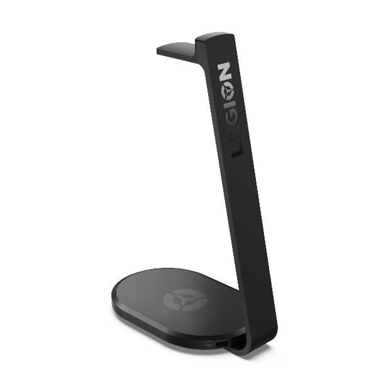 Un soporte negro para auriculares Legion con una parte superior curvada y una base redonda.