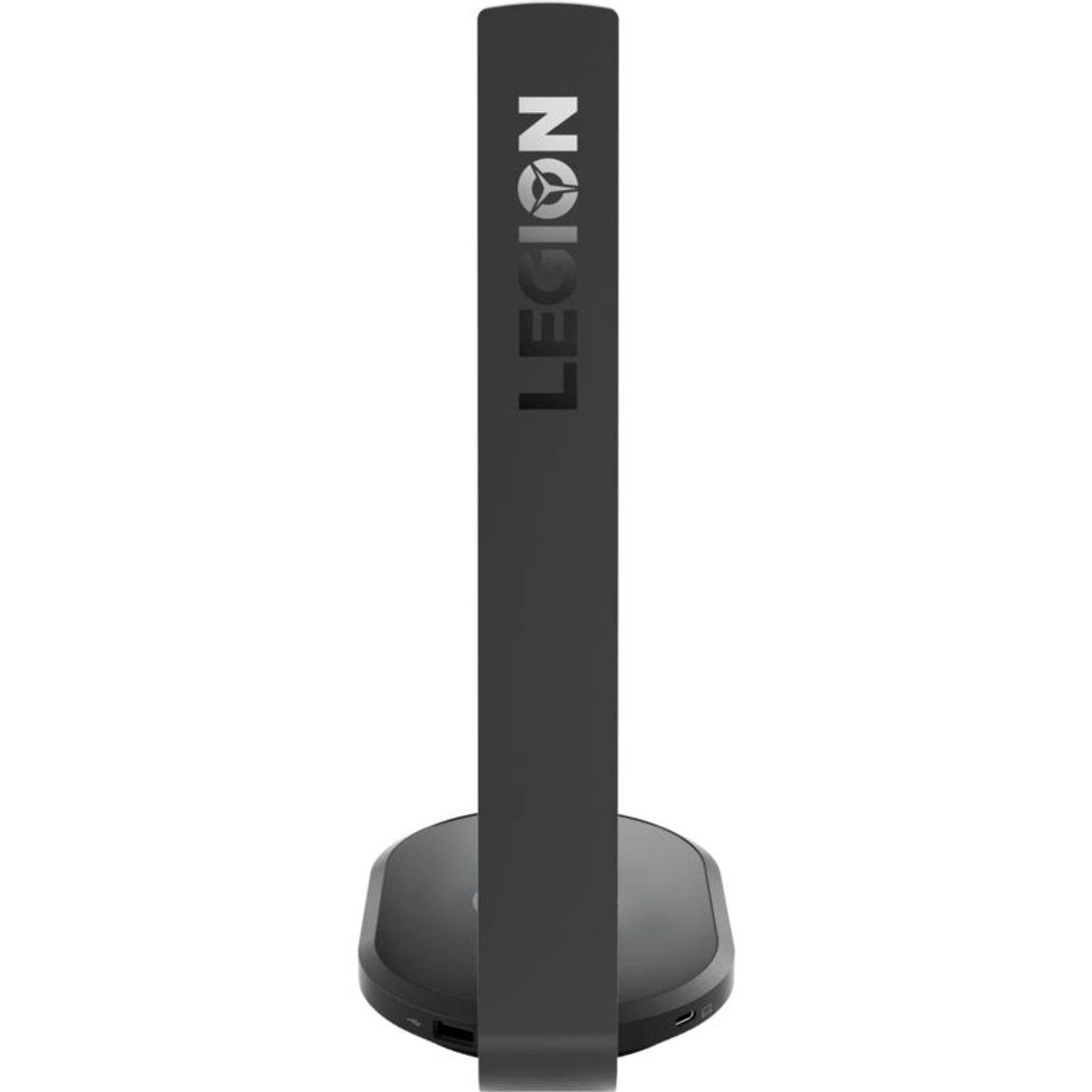 Soporte vertical negro de Legion con logo, sosteniendo una base negra. Fondo blanco.
