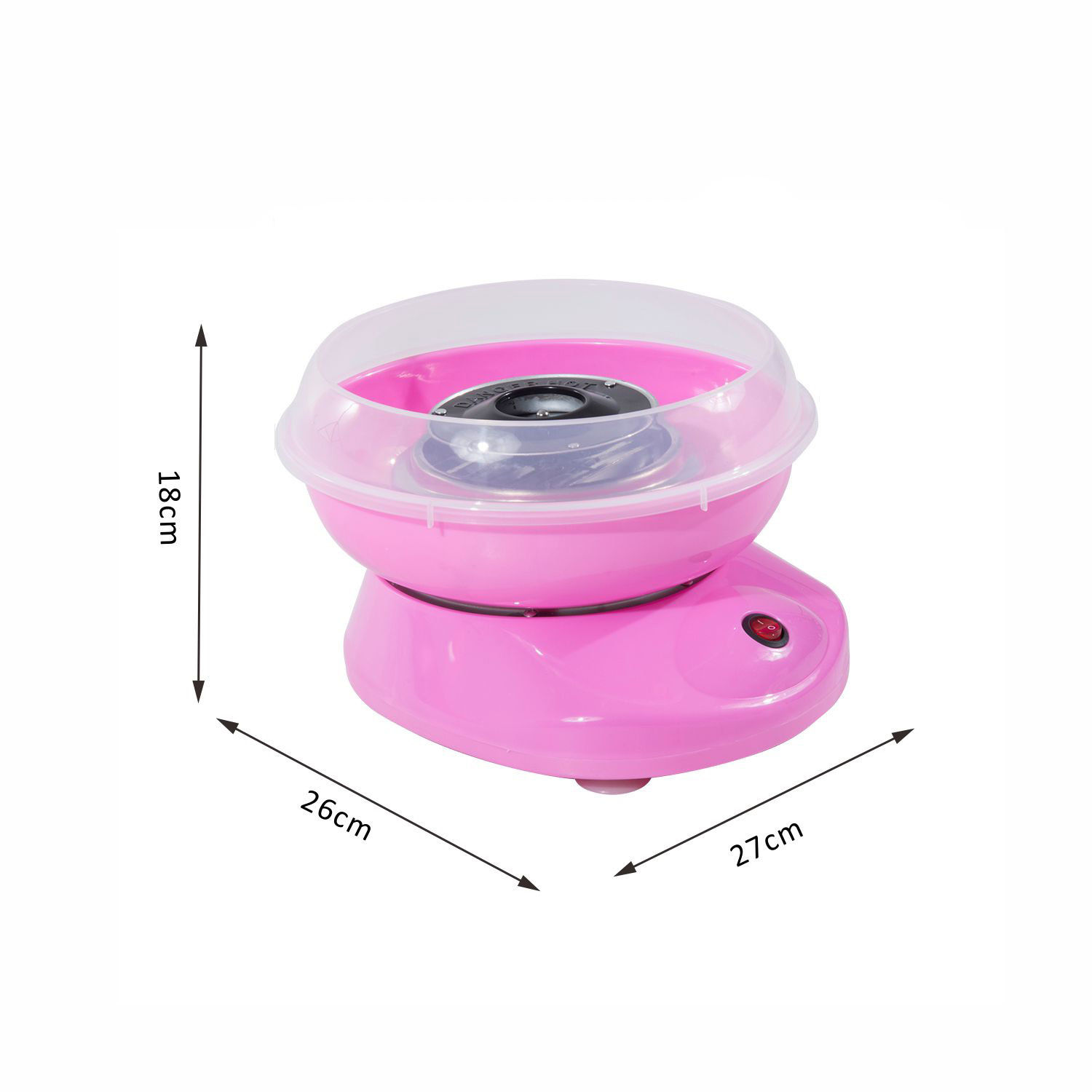 Una máquina de algodón de azúcar rosa con una cubierta superior transparente. Las dimensiones están etiquetadas con flechas.