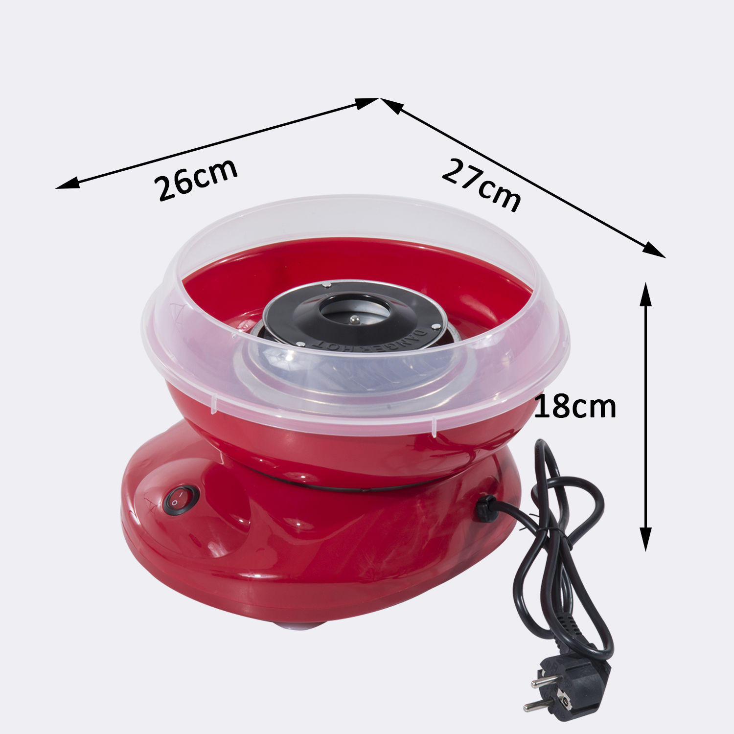 Máquina de algodón de azúcar roja con tapa transparente. Dimensiones etiquetadas en cm. Cable de alimentación y enchufe negros.