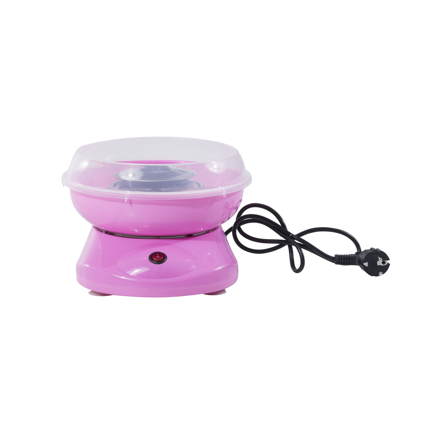 Una máquina de algodón de azúcar rosa con tapa transparente y cable negro.